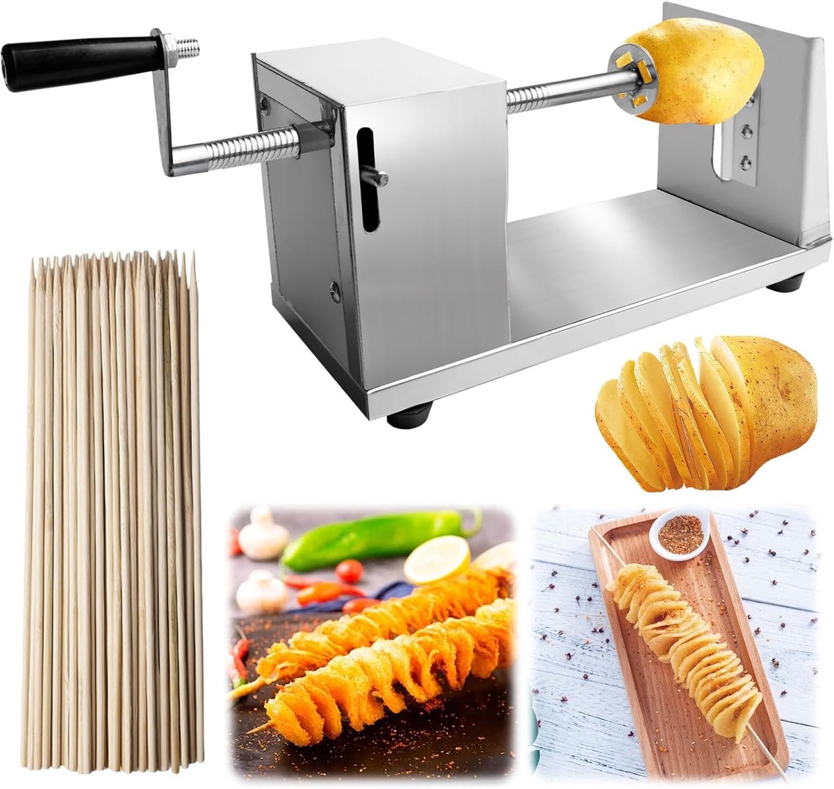 Spiraalsnijder, aardappelsnijder, roestvrij staal, spiraalsnijder, aardappelspiraal met 50 bamboespiesen, aardappelspiraalsnijder voor fruit, aardappelen, tornado-chips