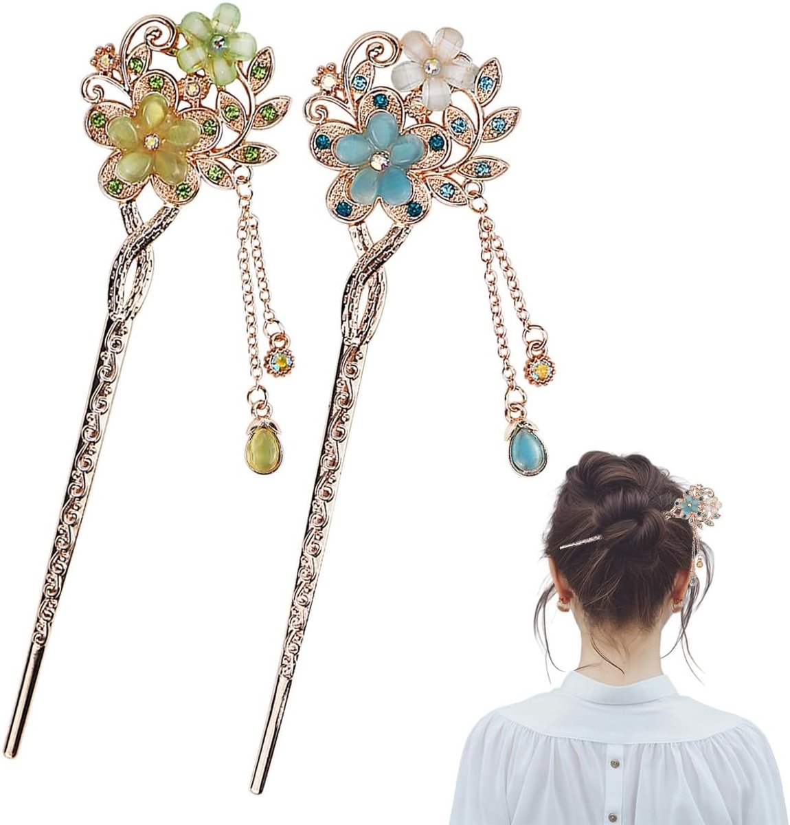 2 stuks metalen opaal bloem haarstaafjes, vintage haarstick, Chinese haarspelden, elegante haarstaaf, geschikt voor eindejaarsbal, feest, dagelijks gebruik (blauw, groen)