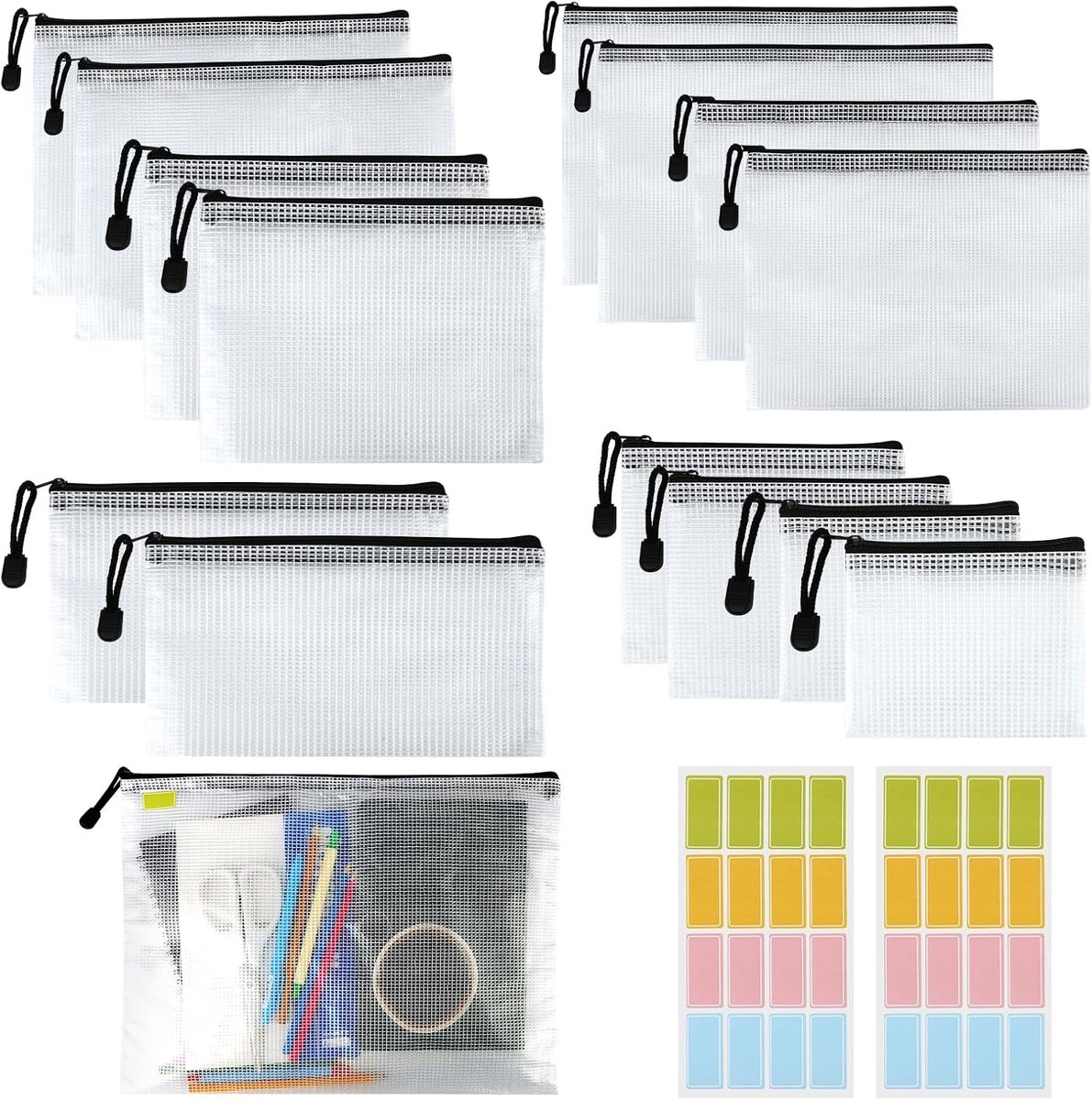 15 stuks documenthoes A4/A5/A6/B4/B5/B6/B8/rekening, transparante documenthoes, waterdichte sorteertas voor documenten, bonnetjes, cosmetica-opberging