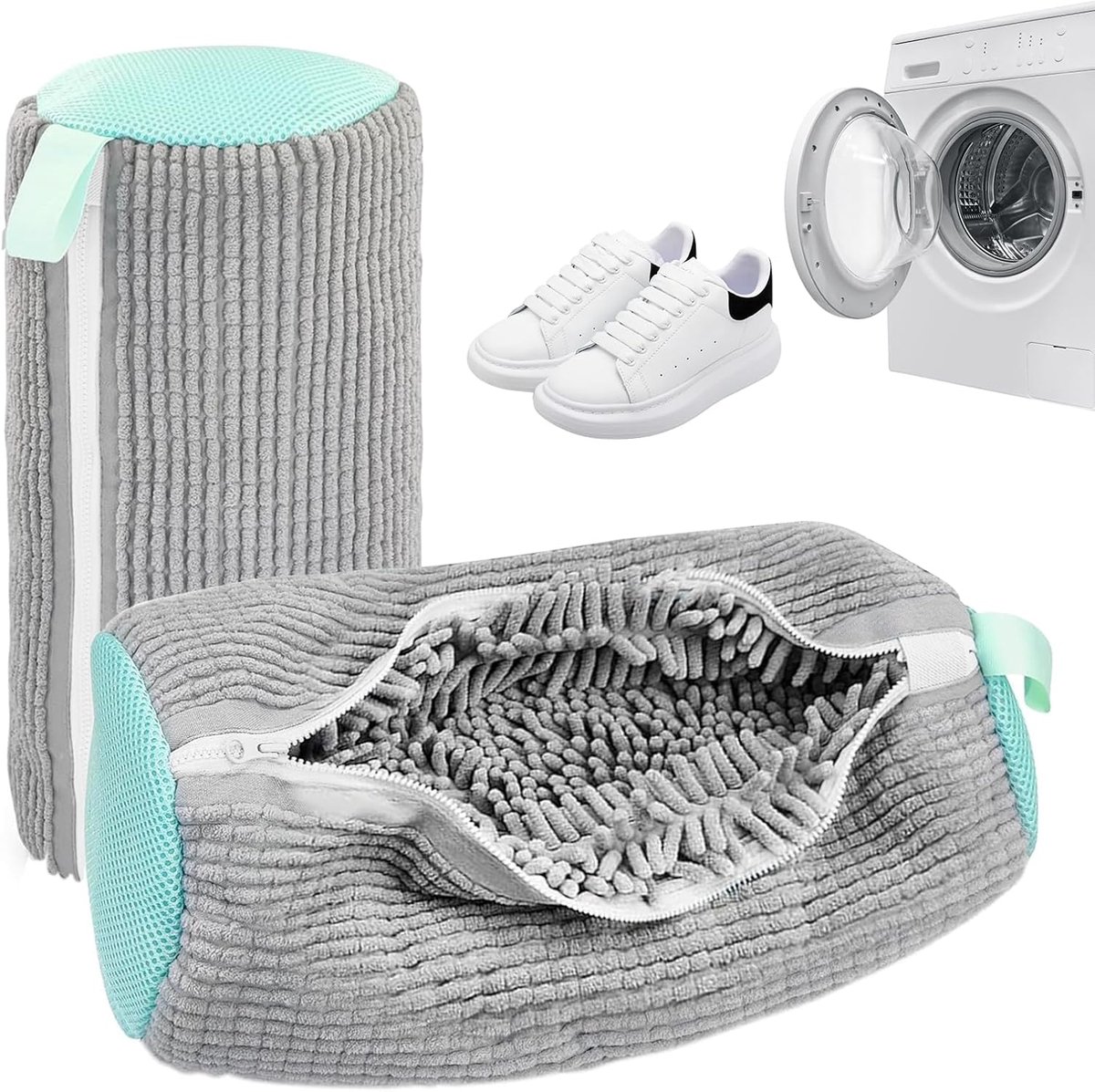 Waszakken voor schoenen, wasmachine, waszak voor schoenen, herbruikbaar, waszakken voor schoenen met ritssluiting, bescherming voor schoenen en kleding (grijs)