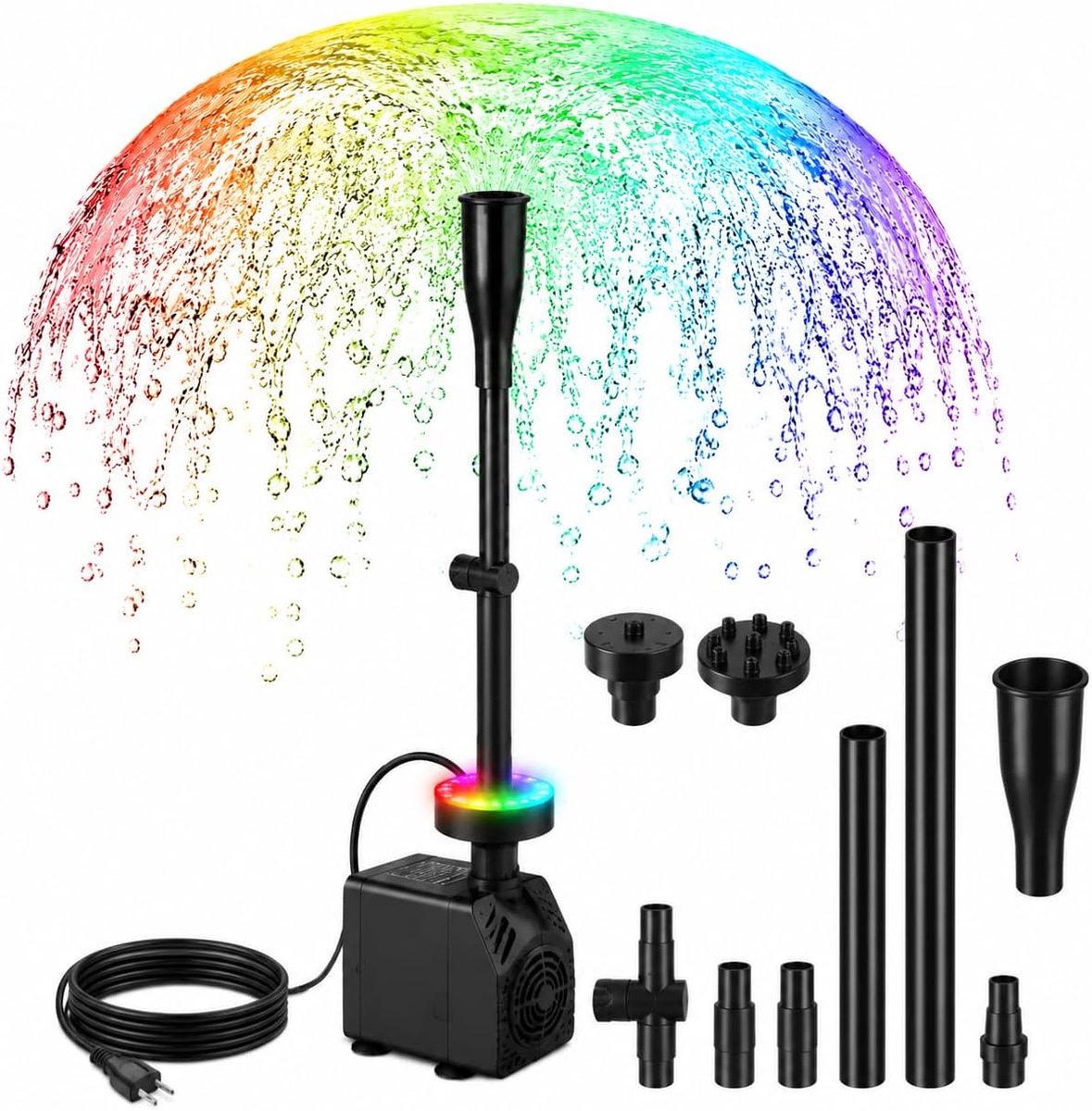 Fonteinpomp voor buiten met led, 800 l/u, 15 W, RGB aquariumpomp voor mini-vijver, vijverpomp met 3 m kabel, 3 sproeiers, 3 wisselende kleuren, waterspeelpomp klein voor tuinvijver, waterval