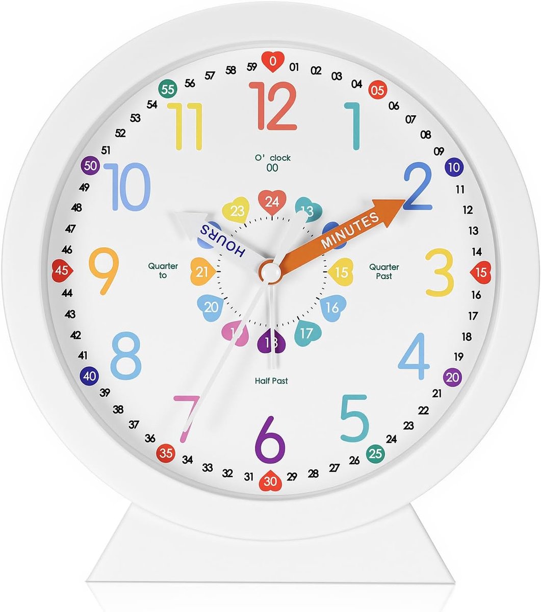Kinderwandklok, 6,5 inch tafelklok, kleurrijke cijfers, alarmfunctie, stil, niet-tikkend, leerklokken voor jongens en meisjes, decoratie voor kinderkamer (hartvormig)