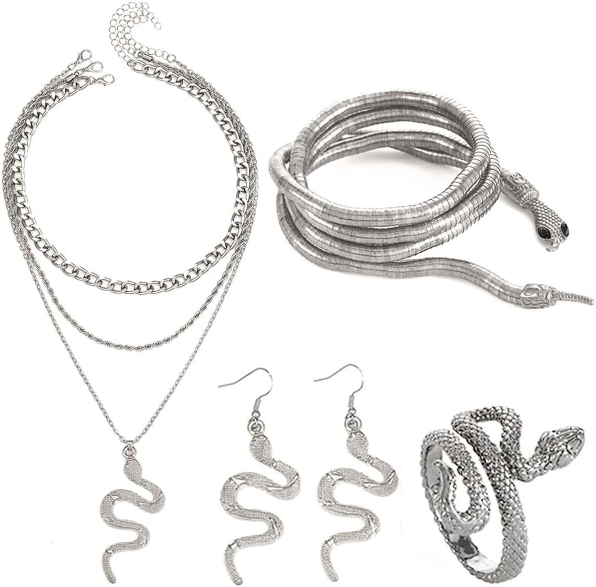 Snake Sieraden Set Goud Gelaagde Snake Ketting Oorbellen Verstelbare Snake Ringen Medusa Snake Kostuum Hollween Sieraden voor Vrouwen (Pack van 4)