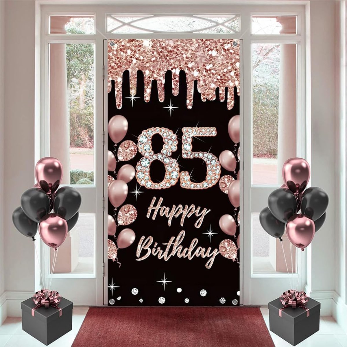 85ste verjaardagsdecoratie voor vrouwen, Happy 85 Years Old stoffen poster met roze gouden achtergrond, deurbanner, 85ste verjaardag feestartikelen, foto achtergrond, welkomstbord, 180 cm x 90 cm