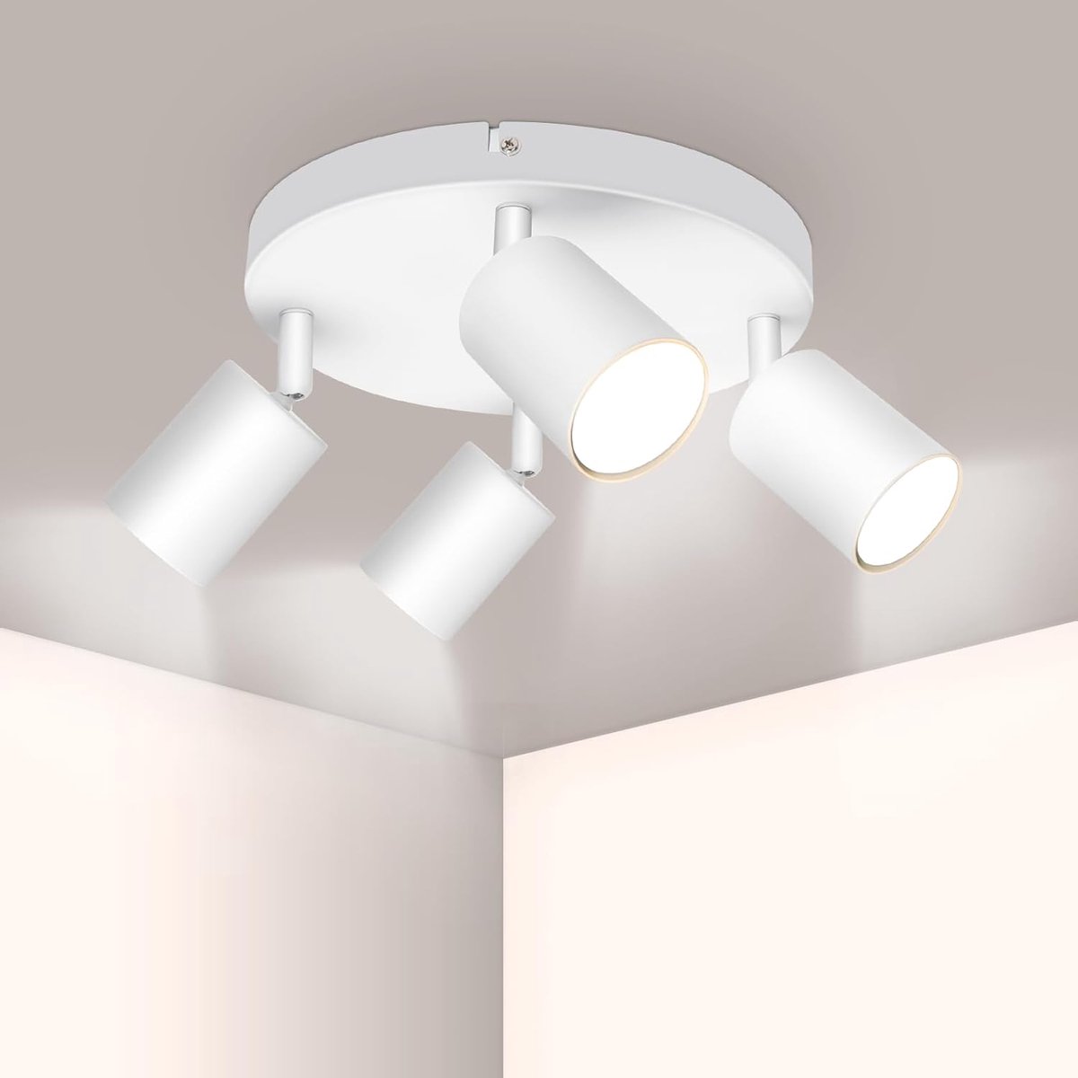 Led-plafondlamp, 4 spots, draaibaar, plafondlamp, 4 spots, GU10, plafondspot, rond, plafondlamp, spot, wit, plafondspot voor woonkamer, keuken, slaapkamer, woonkamer, zonder lamp