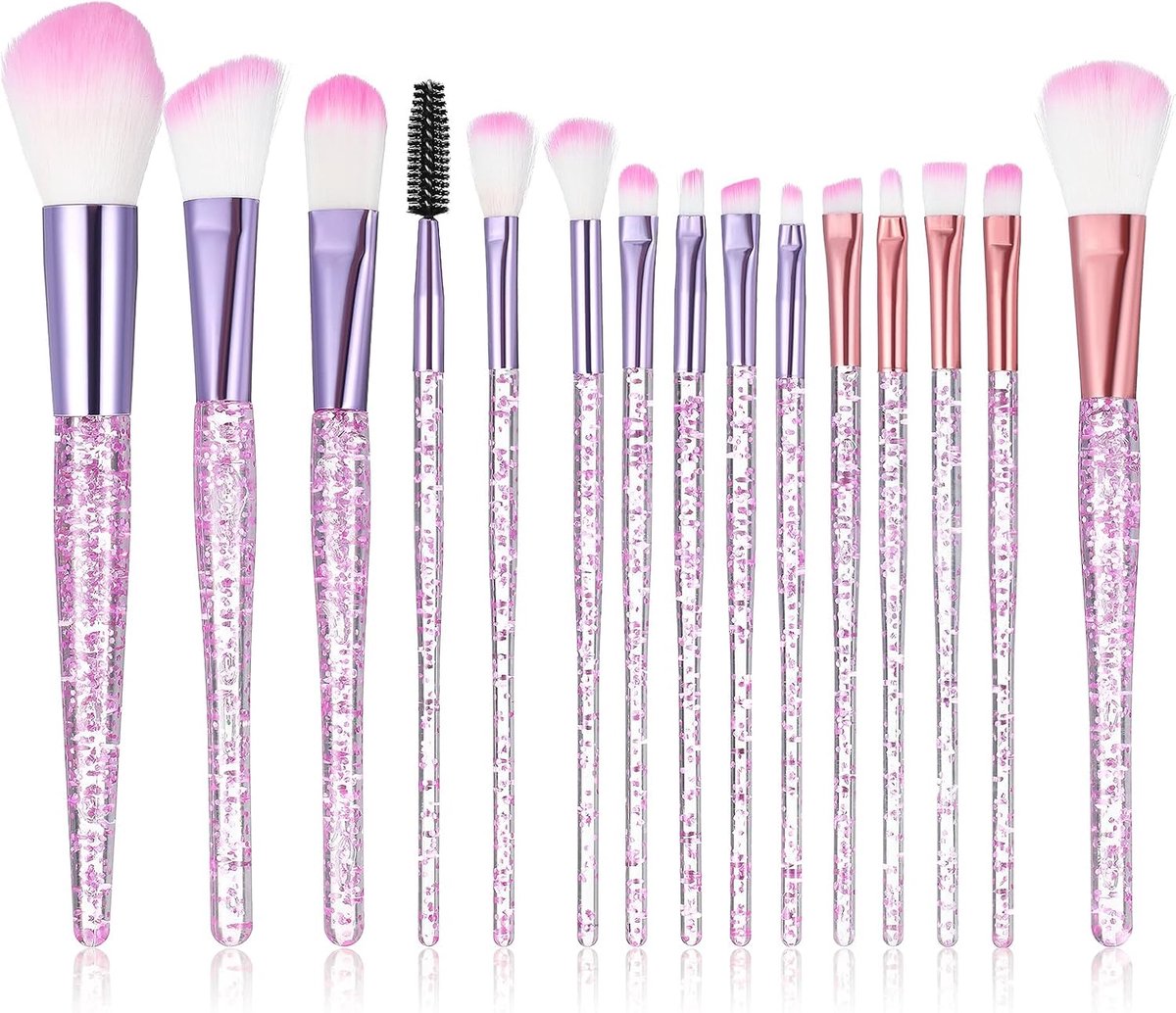 Makeup kwasten set 15-delig - paarse glitter - professioneel - perfect voor het aanbrengen van foundation - ShopVlot