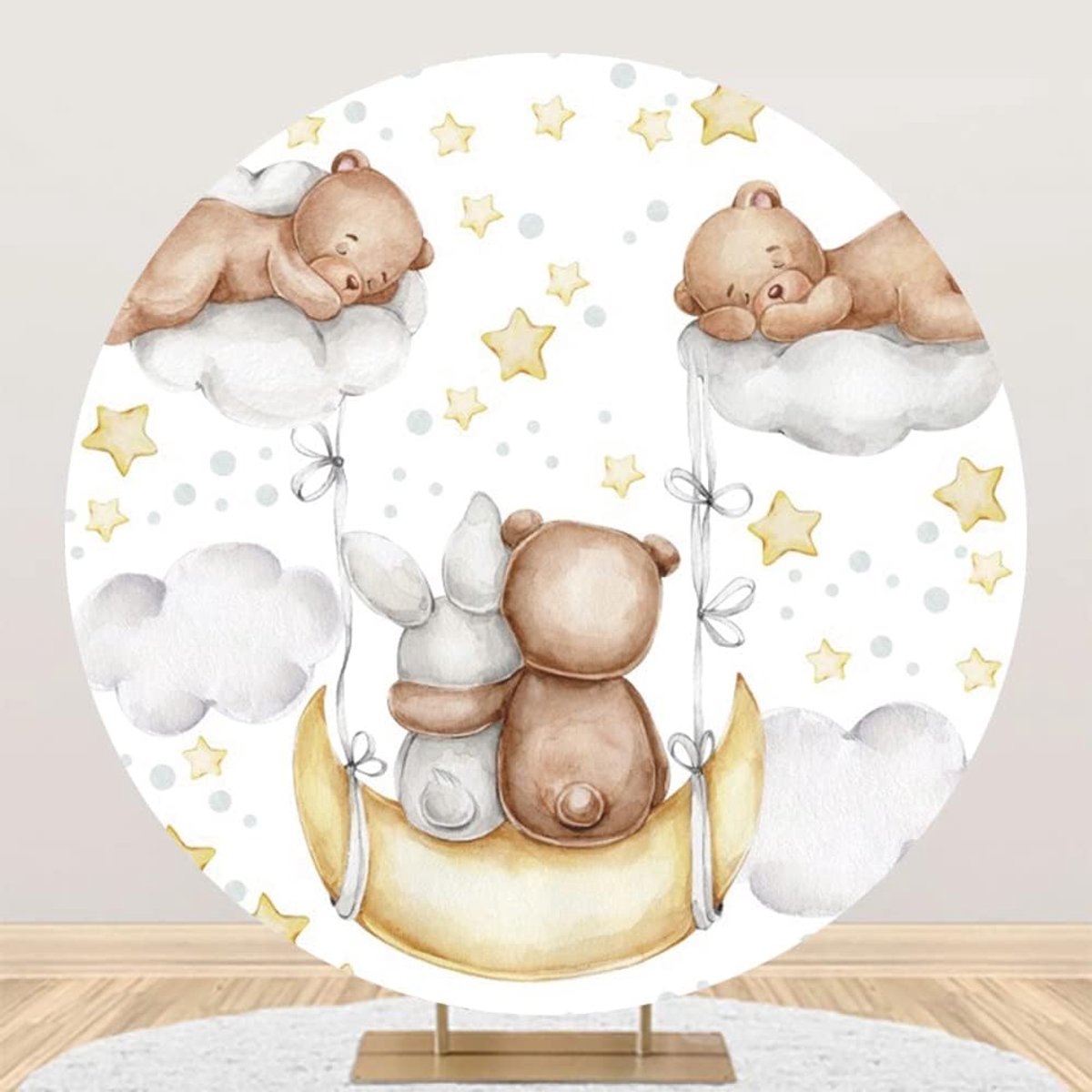 220 cm Diameter Ronde Achtergrond voor Fotografie Cartoon Beer Konijn Maan Achtergrond voor Baby Douche Party Decor Kinderen Baby Studio Portret Fotoshoot Ronde Props