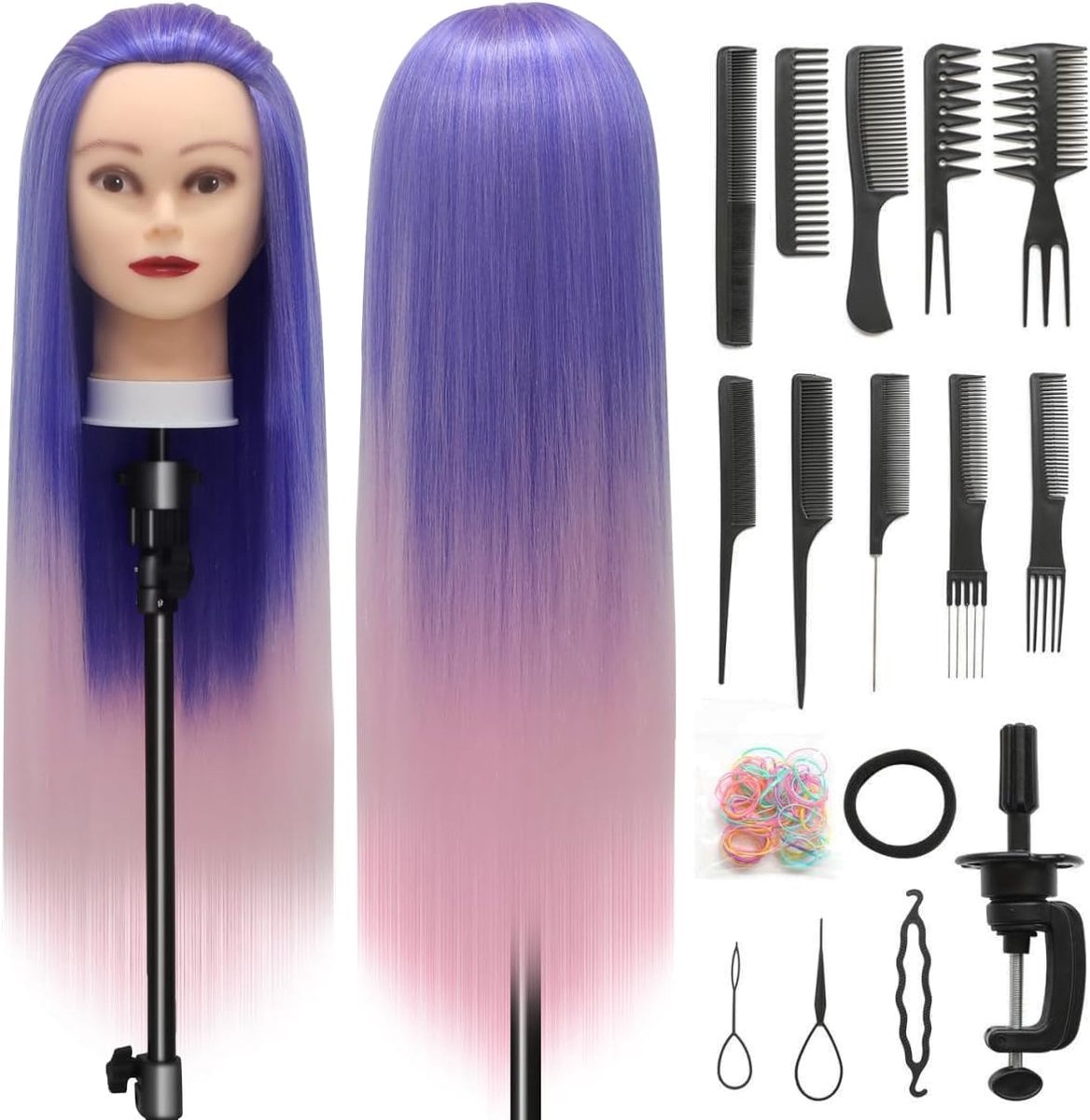 28 inch Kappershoofd 100% Synthetische Vezels Oefenhoofd, Training Hoofd Kappers opleiding hoofd met gratis klem en DIY vlechten Set (Blauw Roze)