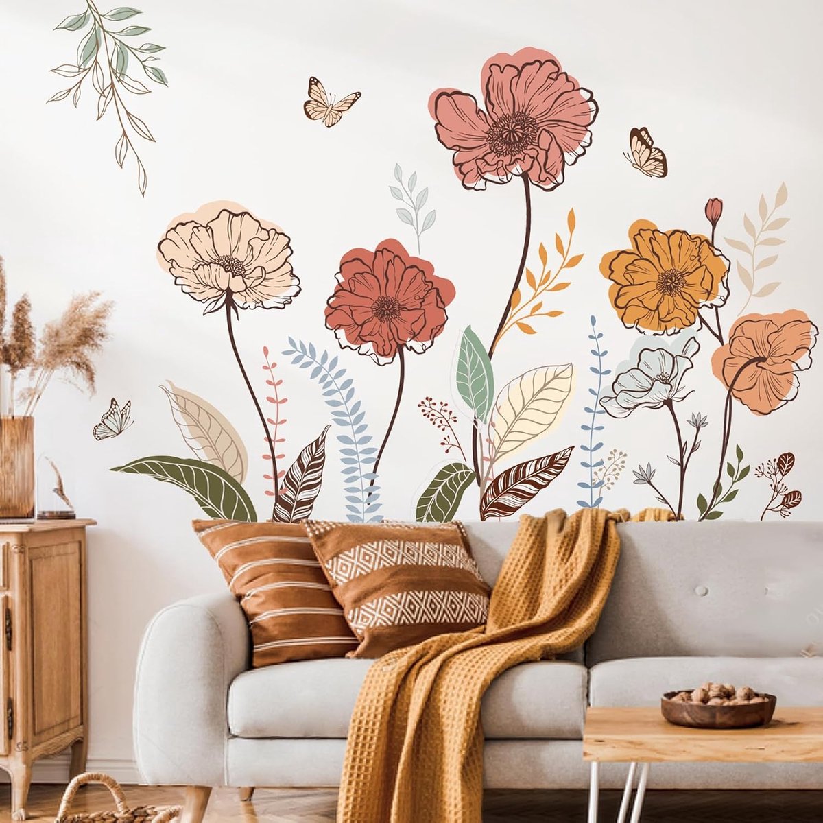 Muurstickers Wilde Bloem Floraal Gras Schil en Stok Muur Kunst Stickers voor Woonkamer Slaapkamer TV Muur