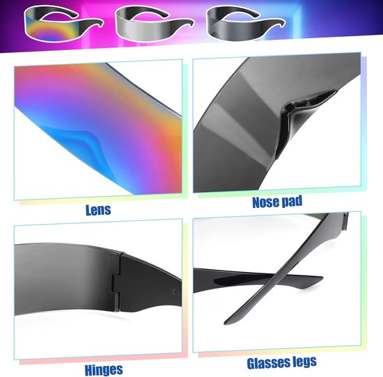 3 Pack Futuristische Bril Smalle Cyclops Zilver Zwart Kleurrijke Zonnebril Gespiegelde Lens Cool Fancy Dress Kostuum Funky Eyewear voor Mannen Vrouwen — afbeelding 2