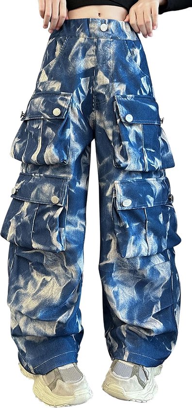 Y2K Cargobroek voor meisjes, baggy, cargobroek, meerdere zakken, hiphop, streetwear, vrije tijd, kinderen, jeansbroek, elastische tailleband, Tie-Dye - 120-170 = (EU 110-164)
