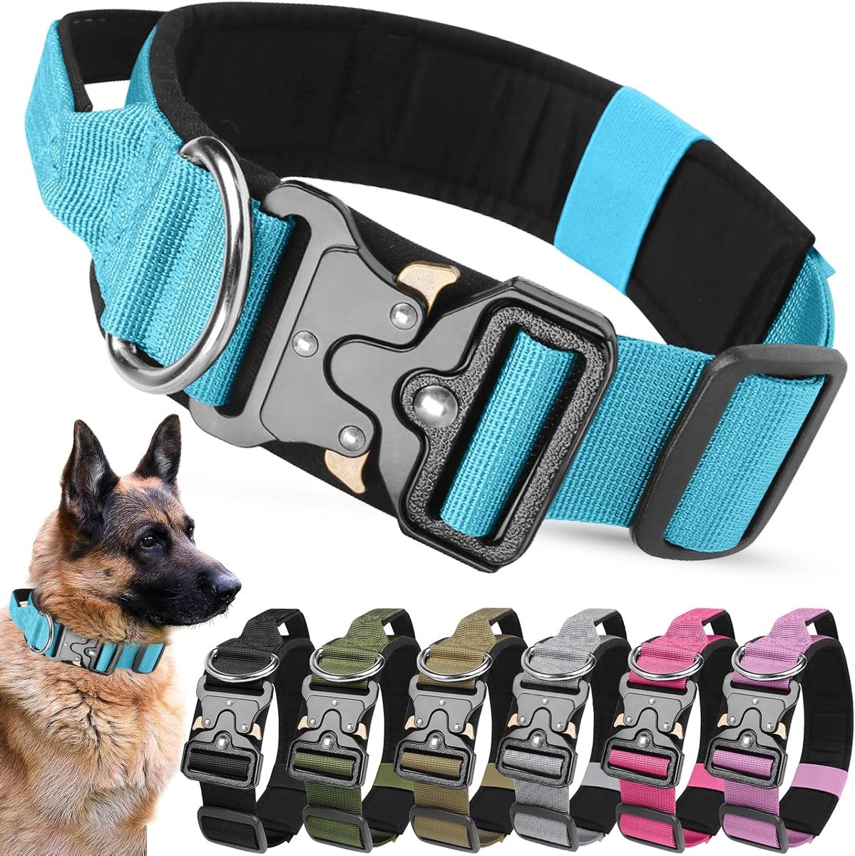 hondenhalsband, robuuste brede halsband met handvat en zacht gewatteerd, verstelbare comfortabele halsband voor kleine, middelgrote en grote hondentraining (blauw, L)