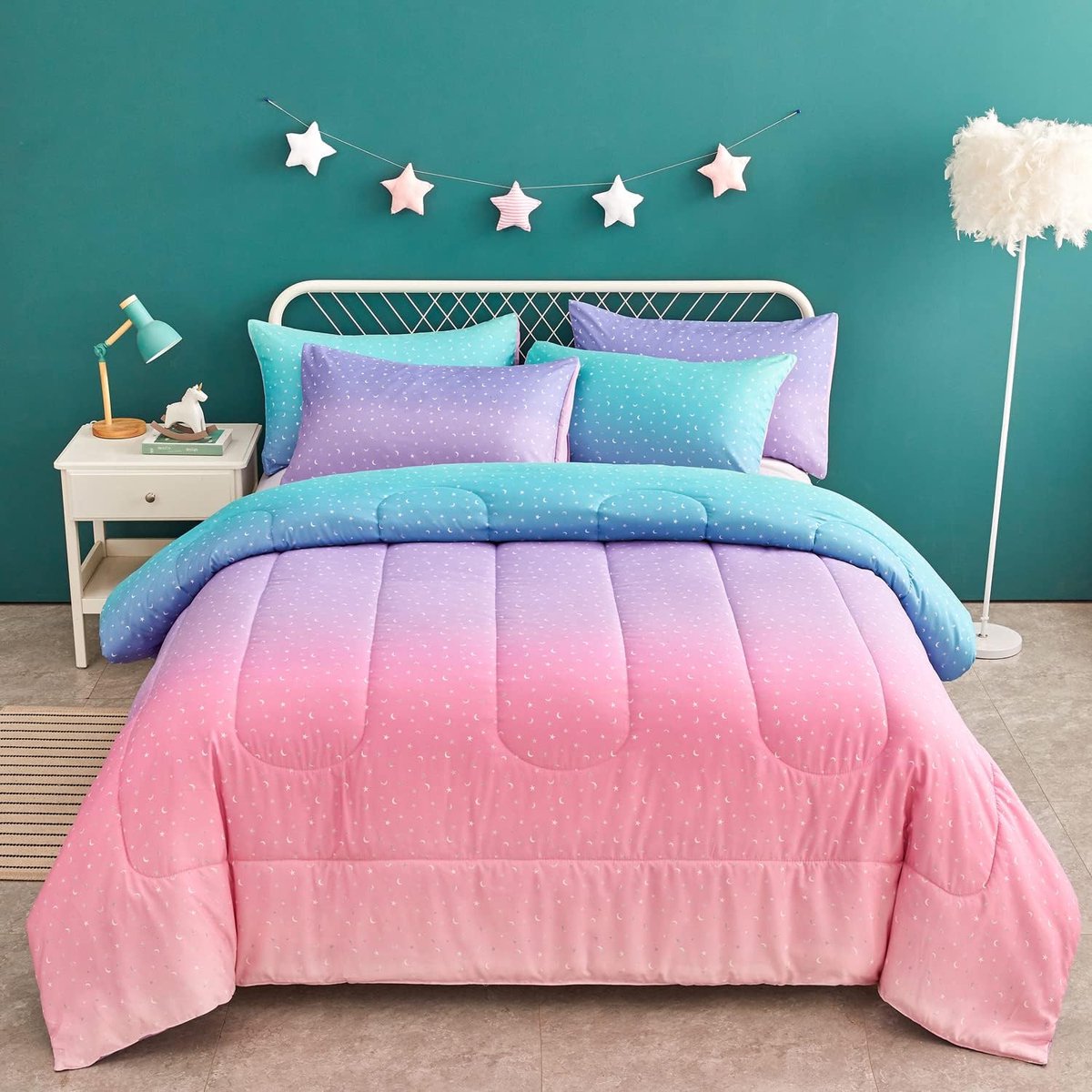 Zeemeermin regenboog dekbedset, tweepersoons voor tienermeisjes vrouwen, metallic ster maan bedrukt dekbed met kussensloop, ultrazachte microvezel 2-delige beddengoedset, alle seiz