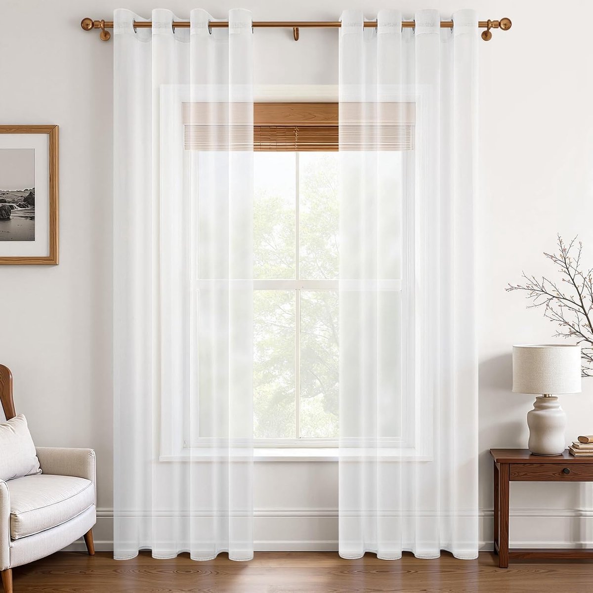Transparant voilegordijn, 215 cm lang, 2 panelen, linnenlook, met zeilringen, voor slaapkamer, woonkamer, terrasdeur, 140 x 215 cm, wit