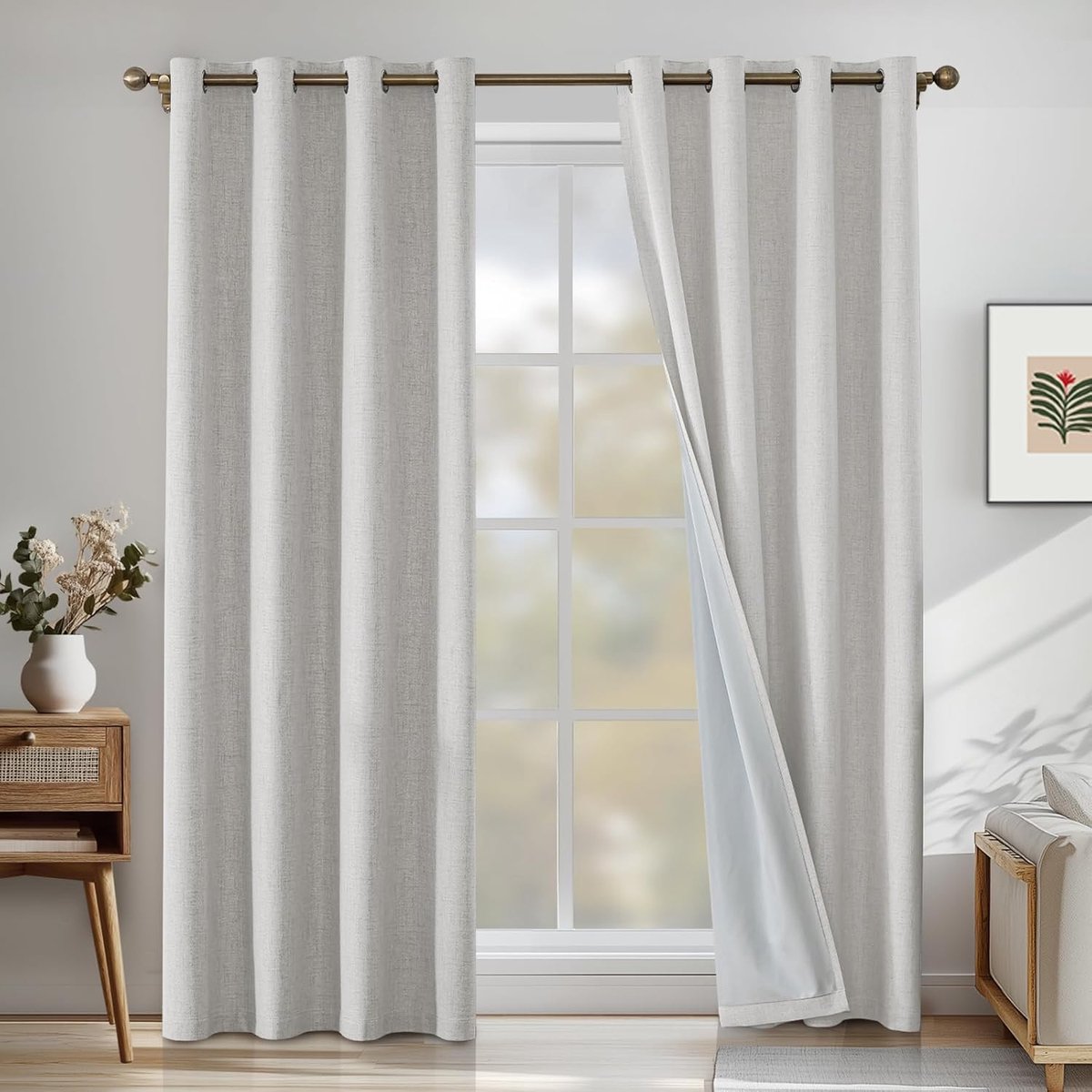 100% Verduisterend Linnen Effect Gordijnen Set Van 2, 140x300cm, Ondoorzichtig Warmte-Isolerende Thermische Gordijnen Met Ringen, Geluidsbescherming, Voor Slaapkamer Woonkamer, Zwart