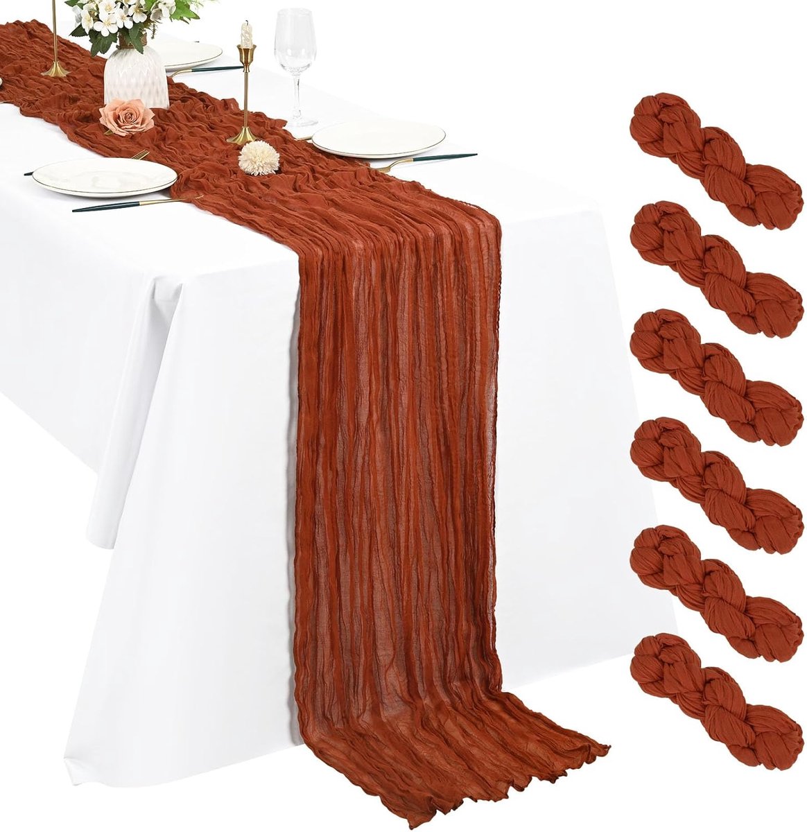6 stuks terracotta Seiendoek, tafelloper, 3 m, boho-gaas, rustieke romantische lange tafelloper voor bruiloft, feest, bruidsfeest, oogstfeest, kerstdecoratie, 55 x 300 cm