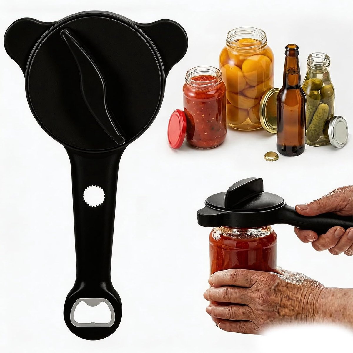 4-in-1 dekselopener, multifunctionele flesopener, handmatig, verstelbare glasopener, opener voor schroefglazen, regelbereik 2,5-9 cm, blikopener voor keuken, restaurant (zwart)