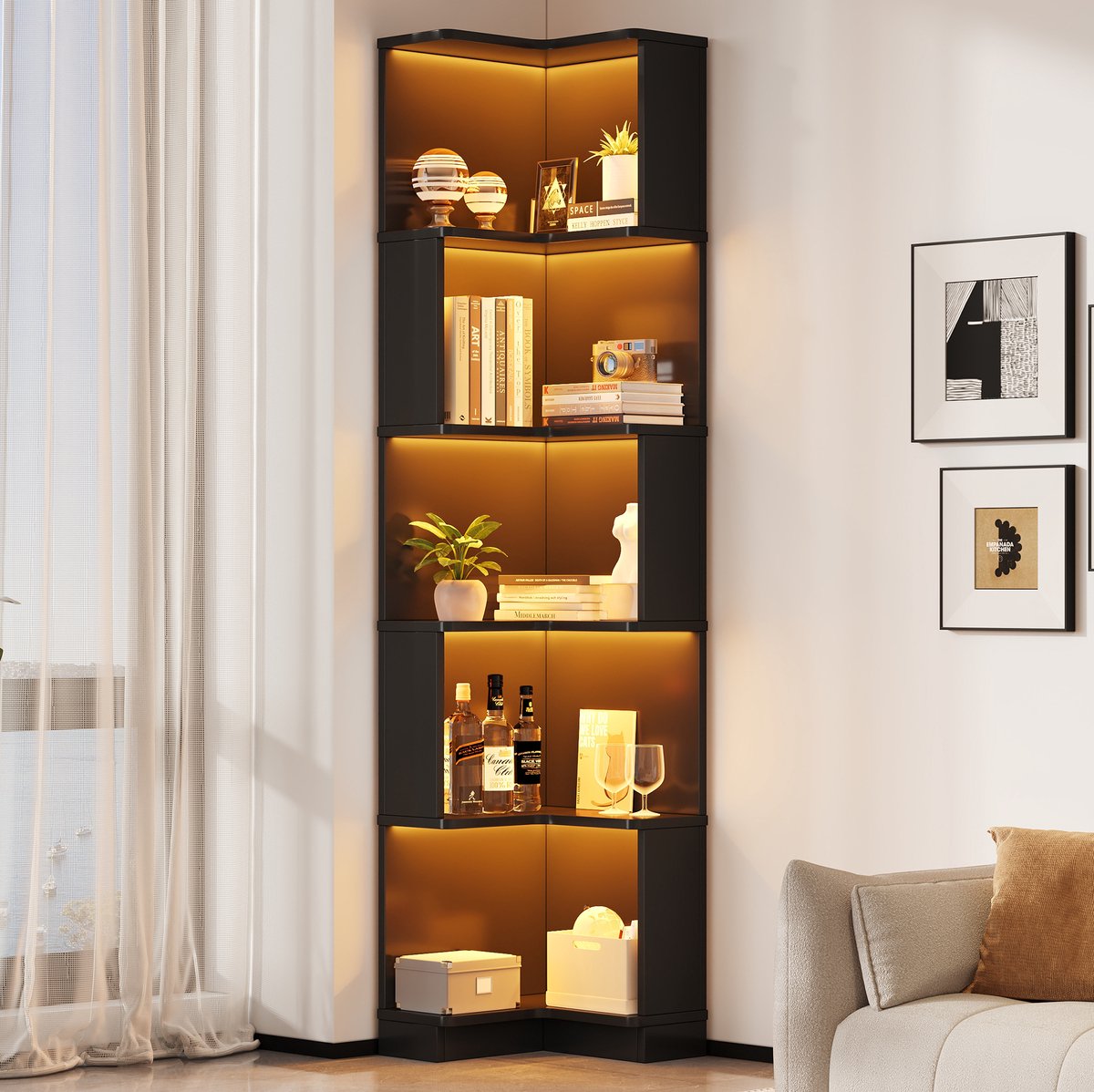 COVREO Boekenkast 63,5x45x175 cm zwart, MDF met 5 planken en LED