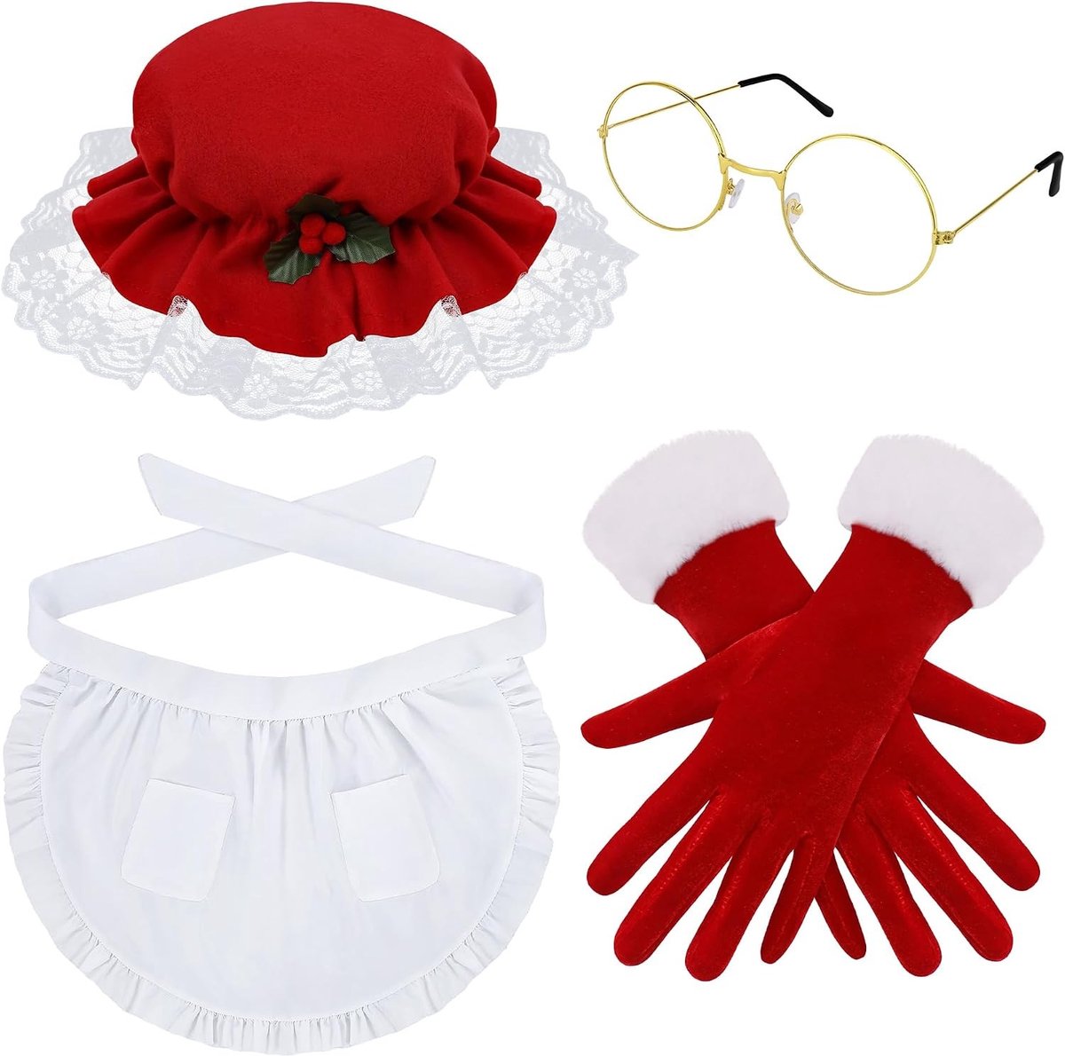 Kerstkostuum voor Volwassen Vrouwen, Oude Dame Thema met Rode Hoed, Schort, Handschoenen en Bril voor Feest en Cosplay