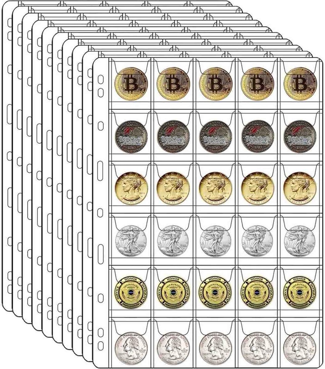 Muntenalbum met 10 boeken - Muntenopbergdoos - Met standaard insteekhoes met 9 gaten - Muntenclip - Binnenpagina's - Waterdicht - Geschikt voor maximaal 300 munten - Afmetingen: 27,7 x 20,8 cm