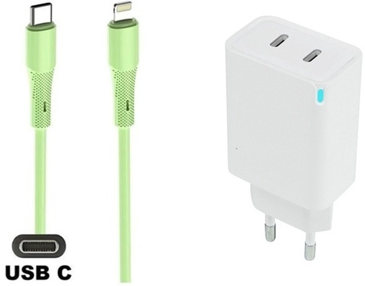 45W super snellader met 2 poorten en screenprotector USB C - USB C + 1,0m USB C naar Lightning kabel. PD PPS lader. Universele oplader adapter. Glazen screenprotector past op Apple iPhone 13 Pro Max & iPhone 14 Plus