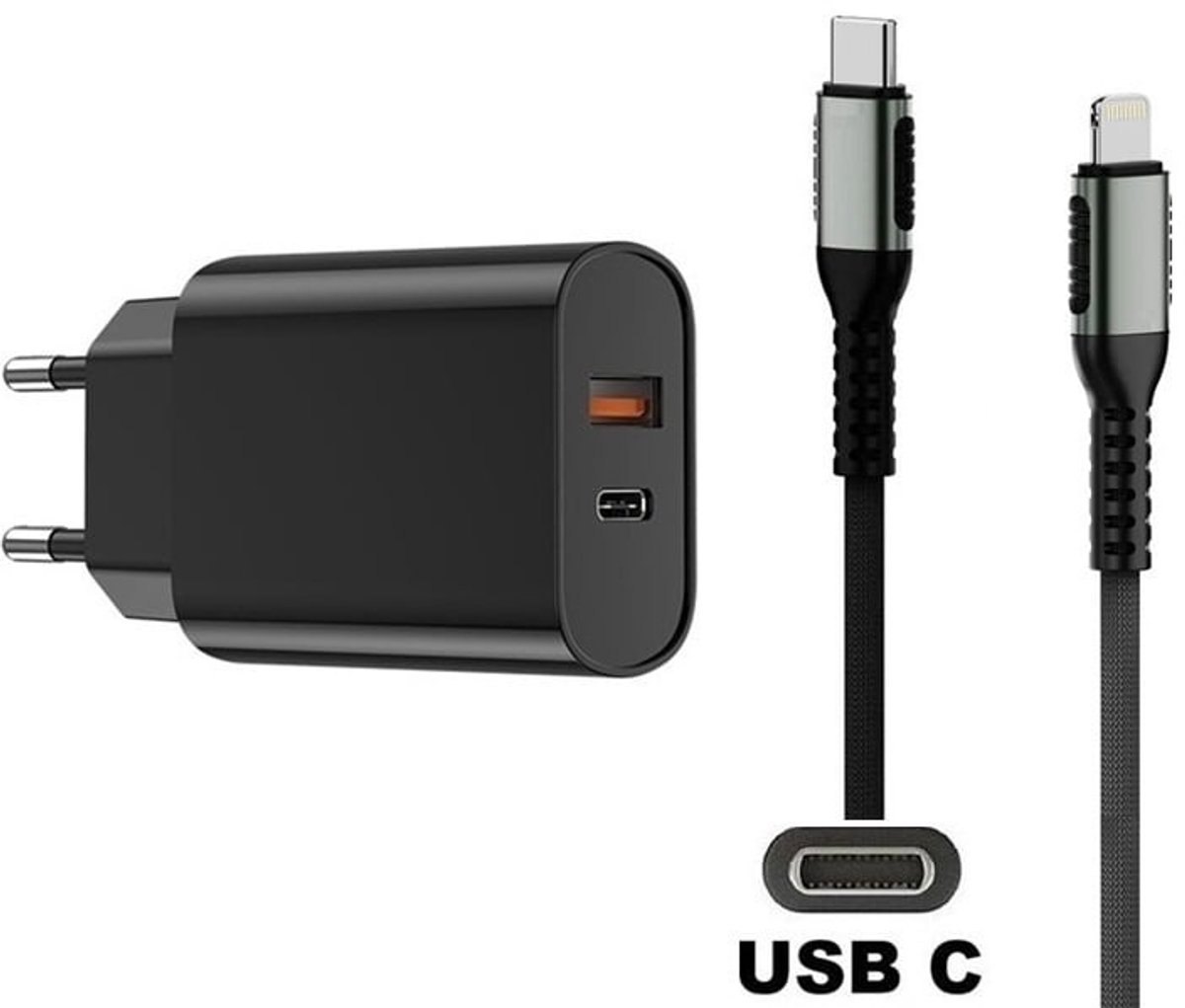 OneOne 20W snellader met 2 poorten en screenprotector van glas voor iPhone 12 + 0,5m USB C naar Lightning kabel. PD lader. Universele oplader adapter. Glazen screenprotector past op Apple iPhone 12