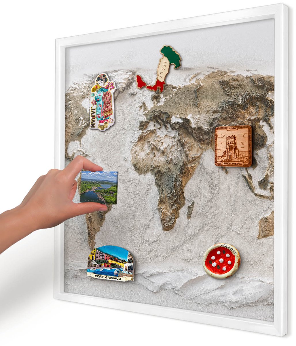 Artprintcave Beige Magneetbord mit Witte Lijst - 50x50 cm - Reliëfkaart Magnetisch Bord - Realistisch Magnetisch Bord Voor Magneten - Kaarten