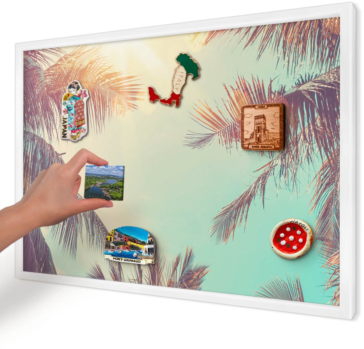 Artprintcave Turkoois Magneetbord mit Witte Lijst - 60x40 cm - Tropisch Paradijs Bord Voor Magneten - Vintage Magneetbord Voor Foto's - Natuur