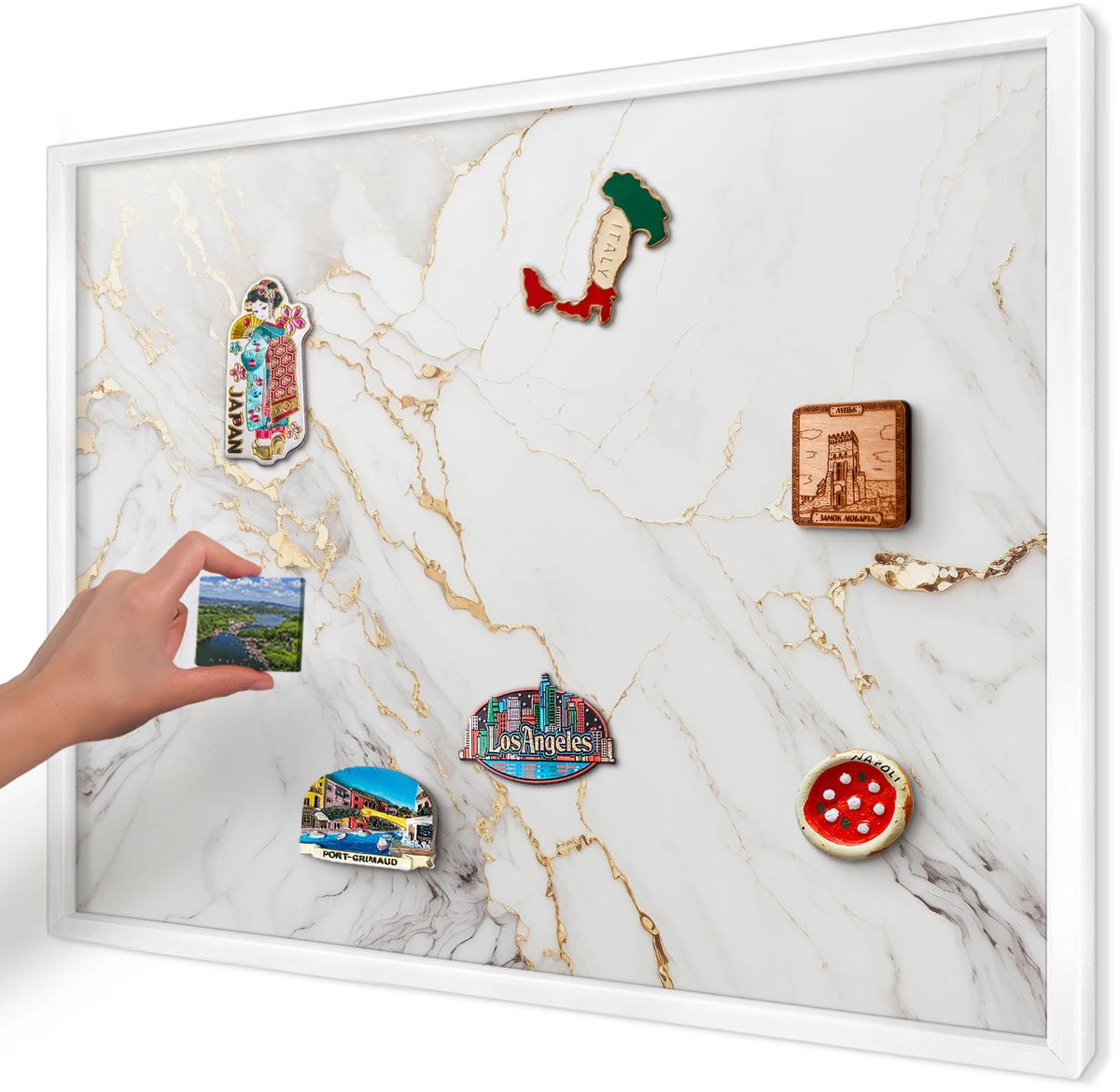 Artprintcave Wit Magneetbord mit Witte Lijst - 70x50 cm - Marmeren Elegantie Magnetisch Bord - Klassiek Magneetbord Voor Keuken - Texturen
