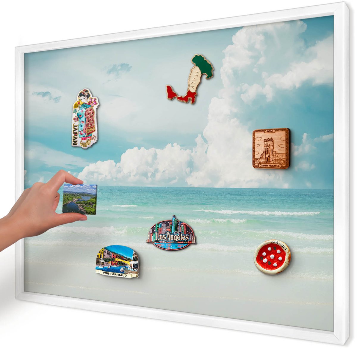 Artprintcave Blauw Magneetbord mit Witte Lijst - 70x50 cm - Maritieme Harmonie Magneetbord Voor Foto's - Fotografisch Bord Voor Magneten - Landschappen
