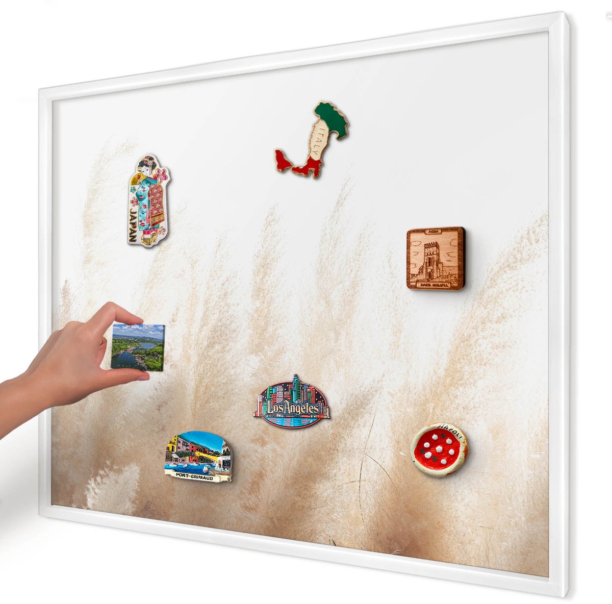 Artprintcave Beige Magneetbord mit Witte Lijst - 80x60 cm - Essentiële Grassen Wandbord Magnetisch - Minimalist Magnetisch Bord Voor Magneten - Bloemen En Planten