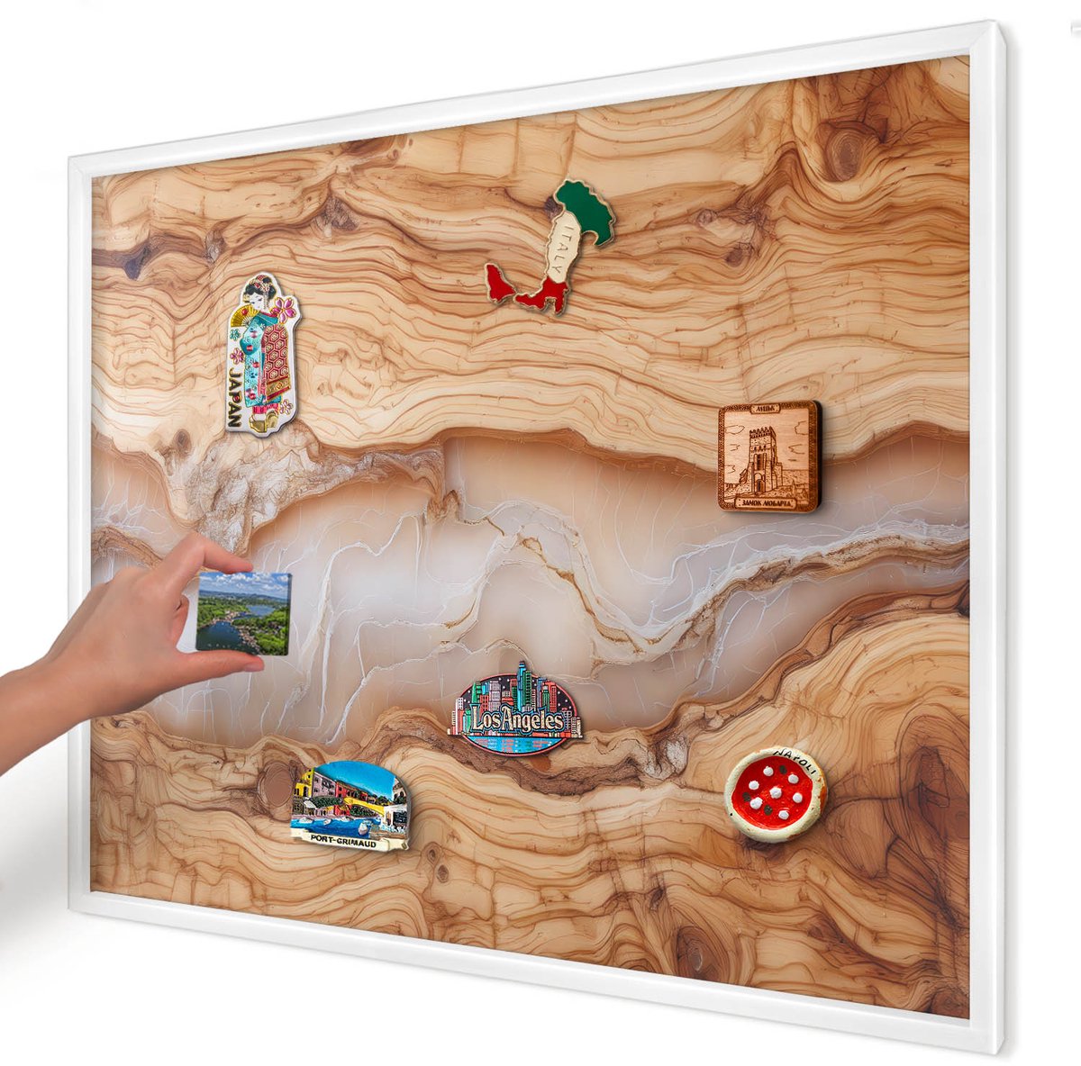 Artprintcave Bruin Magneetbord mit Witte Lijst - 80x60 cm - Houten Elegantie Magnetische Organizer - Rustiek Memobord Keuken - Texturen