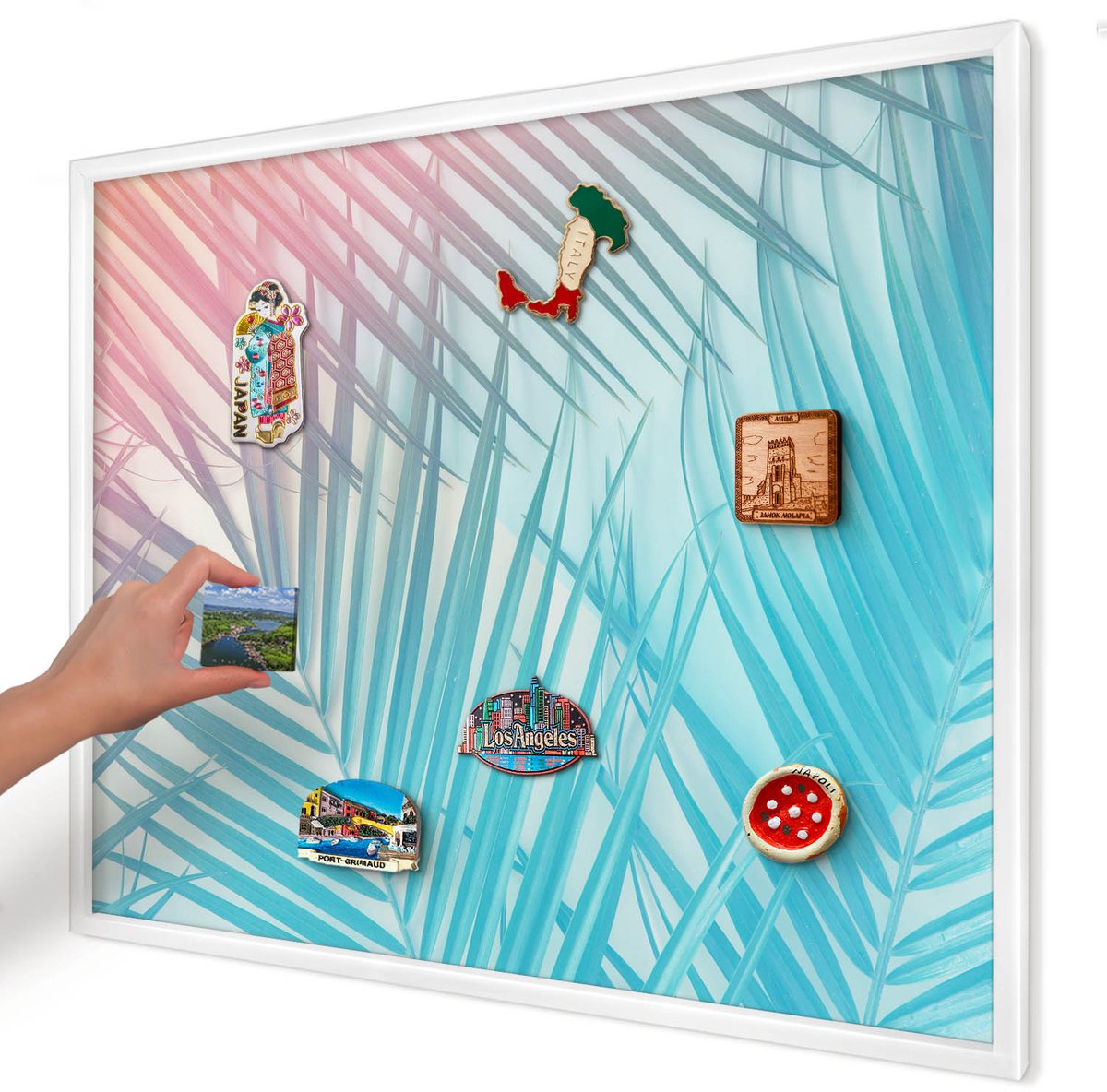 Artprintcave Turkoois Magneetbord mit Witte Lijst - 80x60 cm - Tropische Elegantie Magnetische Organizer - Abstract Magneetbord Voor Foto's - Bloemen En Planten