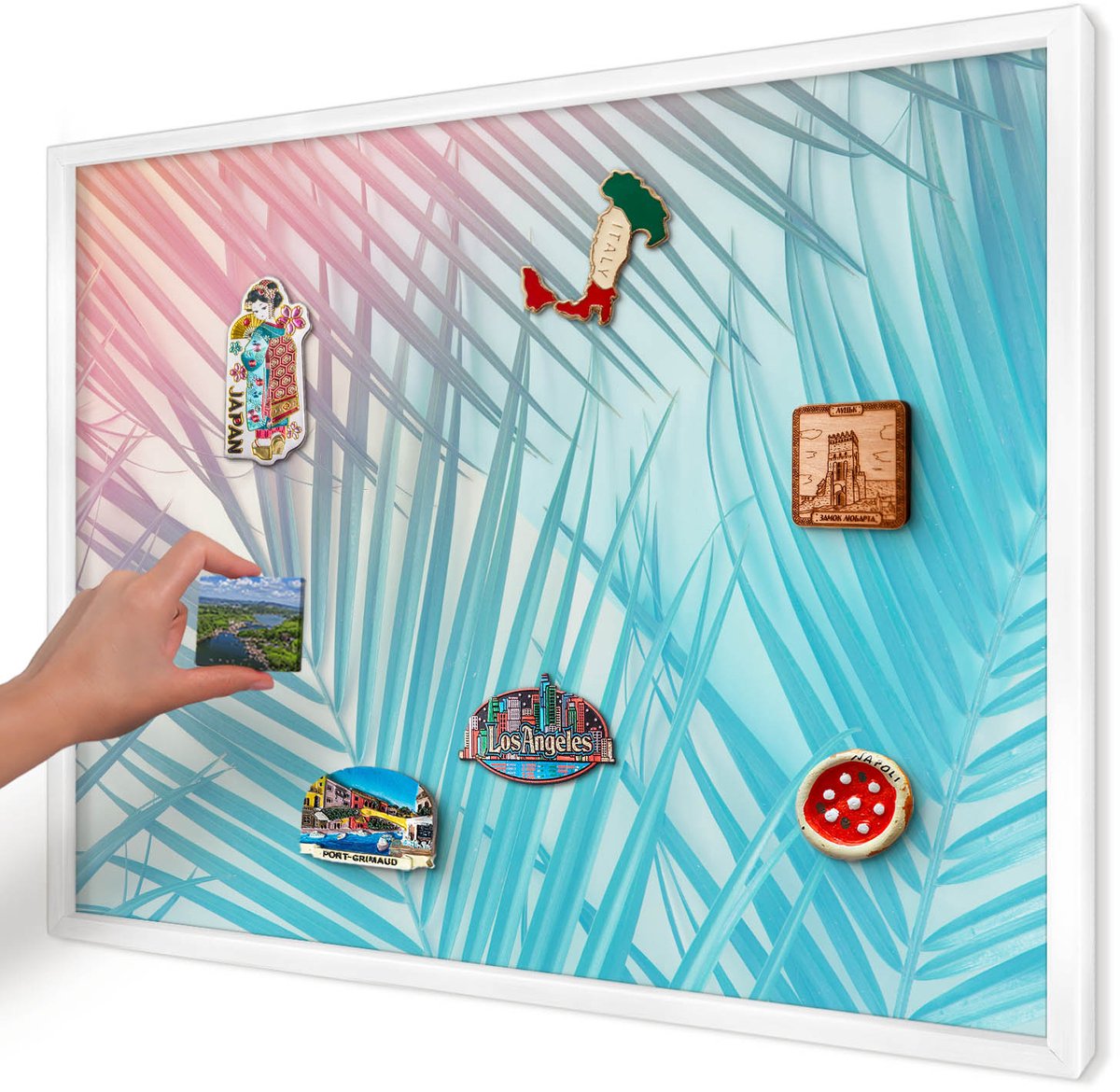 Artprintcave Turkoois Magneetbord mit Witte Lijst - 70x50 cm - Tropische Elegantie Bord Voor Magneten - Abstract Magneetbord Voor Keuken - Bloemen En Planten