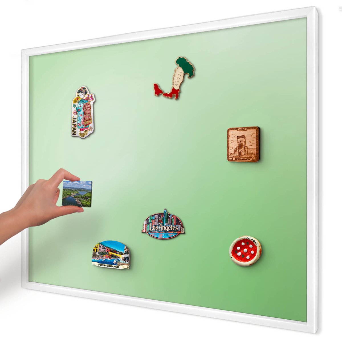 Artprintcave Groente Magneetbord mit Witte Lijst - 80x60 cm - Groene Harmonie Magneetbord Voor Keuken - Minimalist Magnetische Organizer - Achtergronden En Patronen