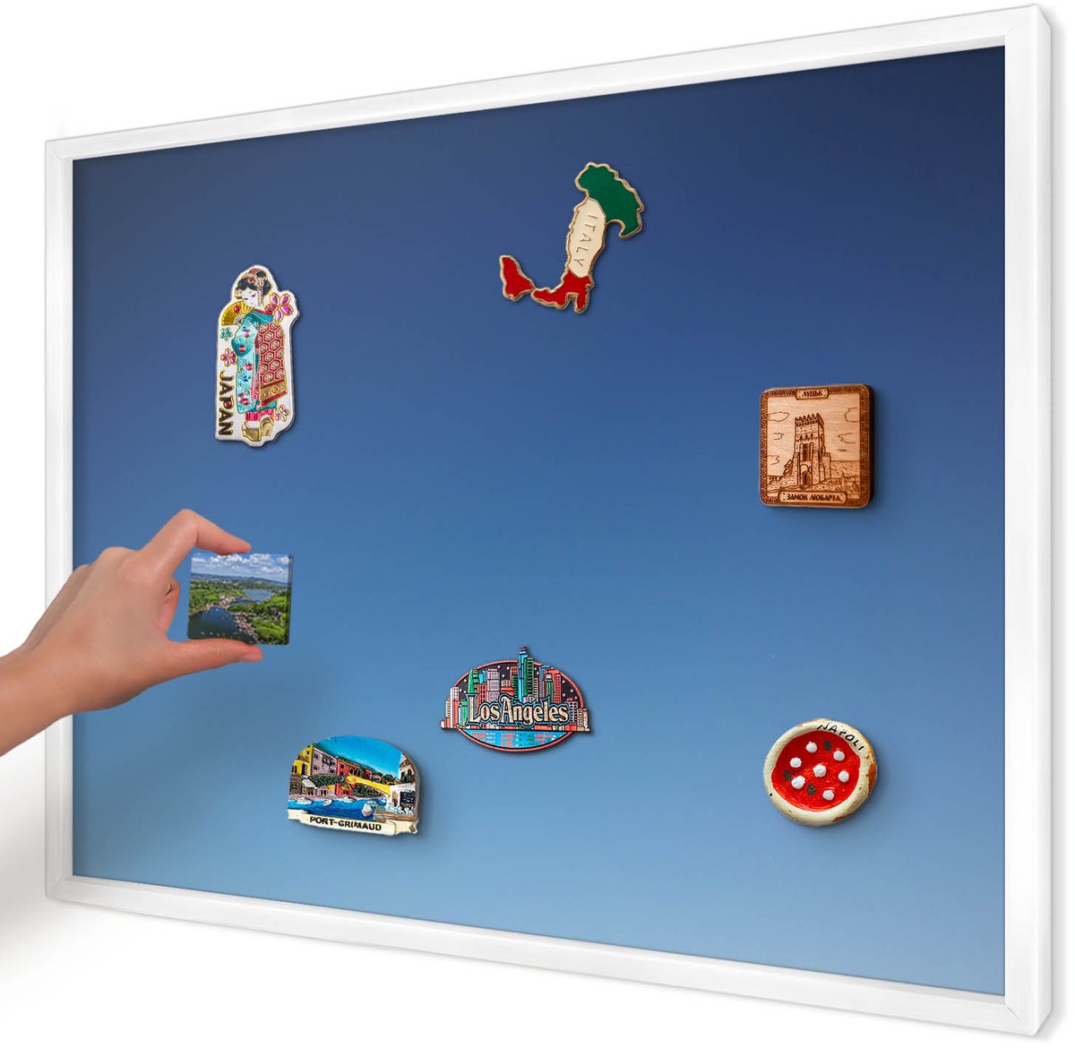 Artprintcave Blauw Magneetbord mit Witte Lijst - 70x50 cm - Blauwe Kleurovergangen Memobord Keuken - Minimalist Notitiebord - Achtergronden En Patronen