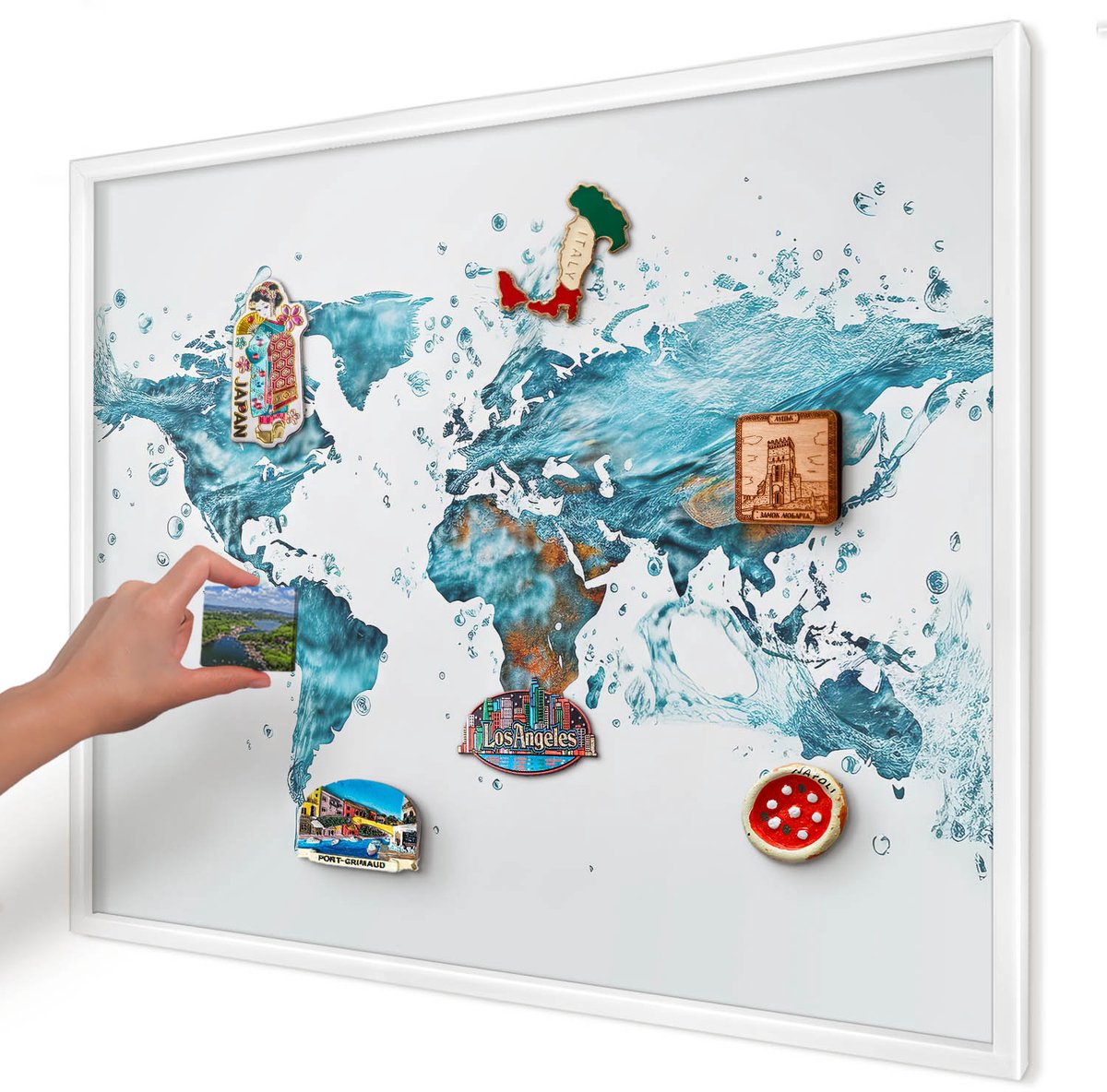 Artprintcave Turkoois Magneetbord mit Witte Lijst - 80x60 cm - Waterkaart Memobord Keuken - Abstract Magneetbord Voor Foto's - Kaarten