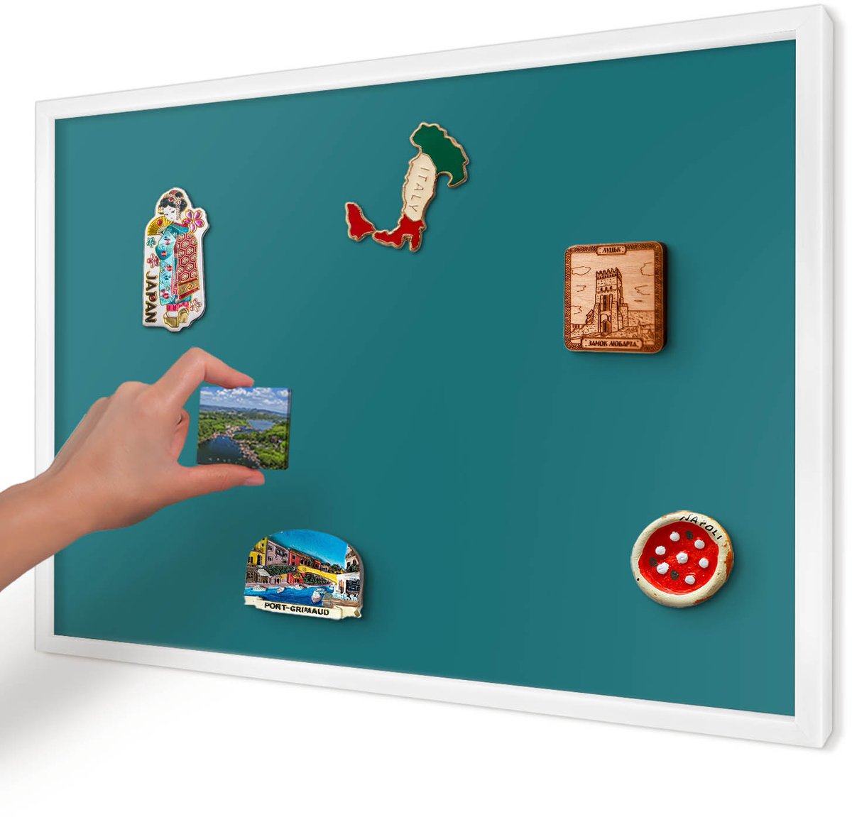 Artprintcave Turkoois Magneetbord mit Witte Lijst - 60x40 cm - Donker Turkoois Magnetische Organizer - Minimalist Magnetisch Bord Voor Magneten - Achtergronden En Patronen