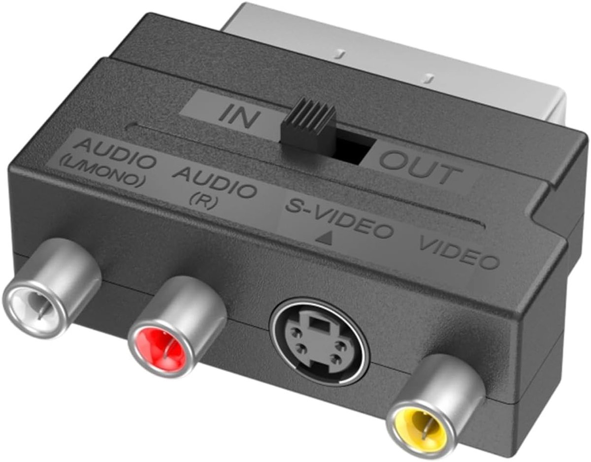 SCART naar 3X RCA adapter met S-Video en IN/OUT schakelaar, AV audio video converter voor optimale signaaloverdracht en beeldkwaliteit