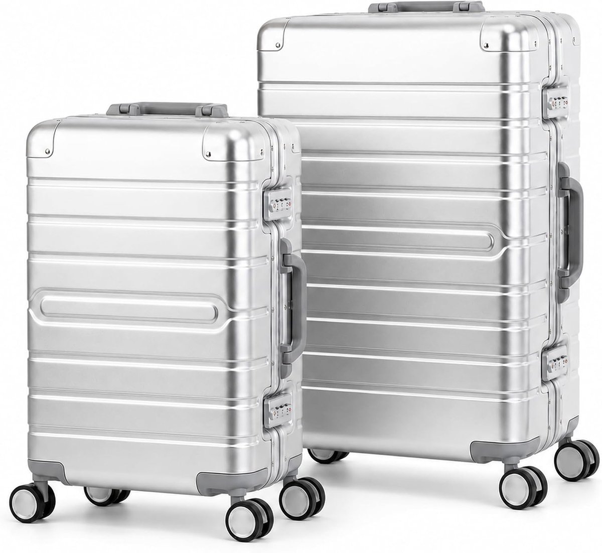 SnelShoppen - Aluminium Reis Koffer Set 100% Hard Shell L met Telescoop Handvat, TSA, 4 Wielen, Zilver, S+M, Perfect voor Vakantie en Zakenreizen