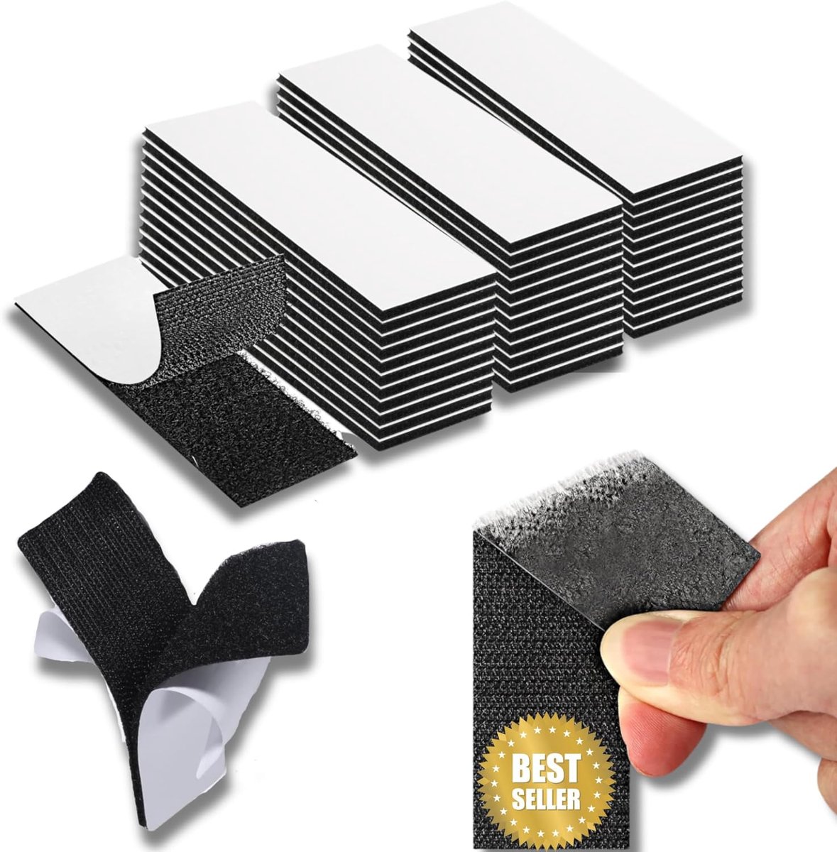 SnelShoppen - Extra Sterke Dubbelzijdige Plakband, Zwart, 3 m, Herbruikbaar, 15 Stuks, 3 x 10 cm, Haak en Lussen Tape, Geschikt voor Vloerkleden, Huis
