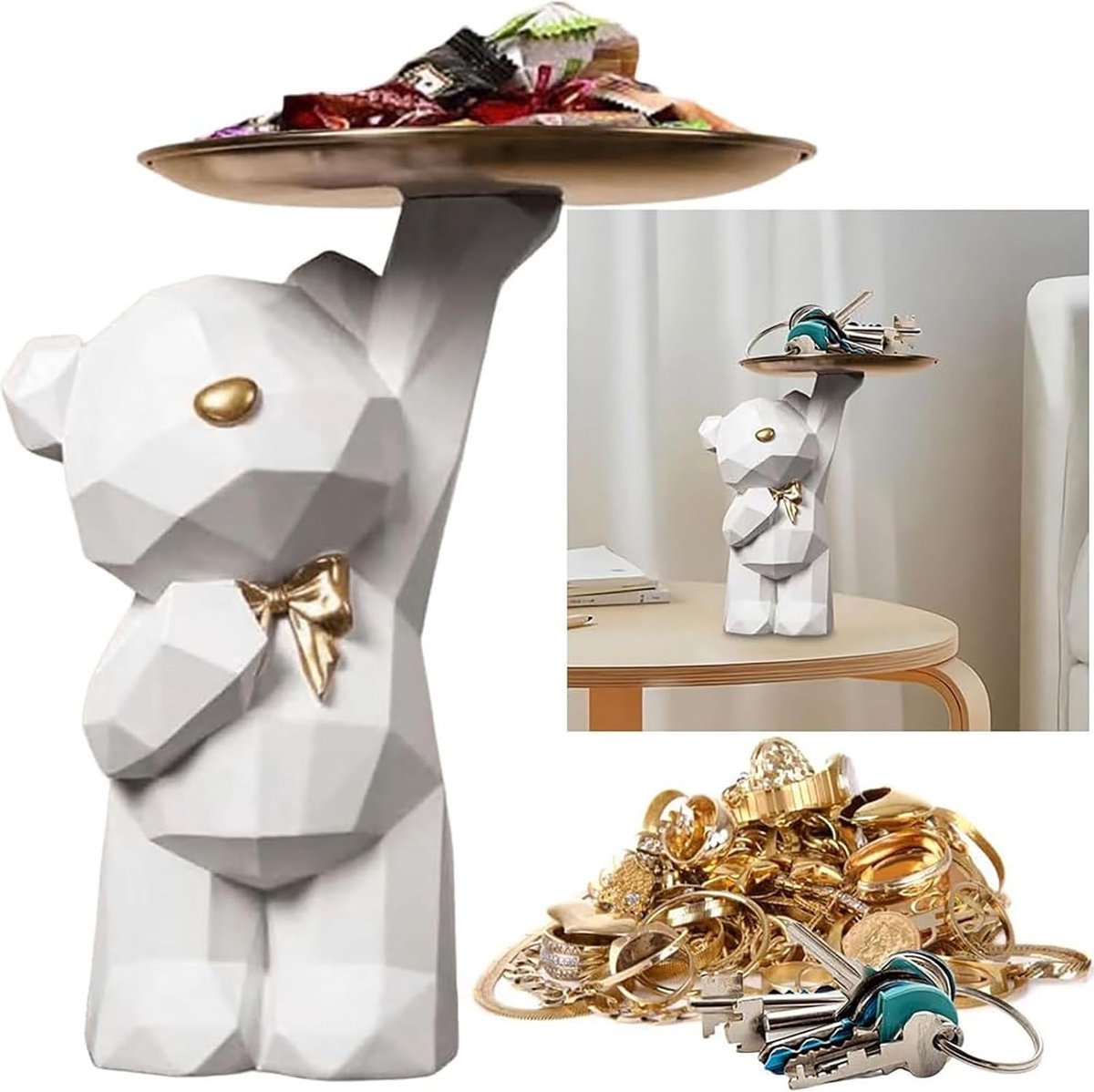 SnelShoppen - Bear Sculptuur met Dienblad, Decoratieve Beeldjes voor Binnen en Buiten, Hoogwaardige Hars, Wit, Geschikt voor Diverse Gelegenheden