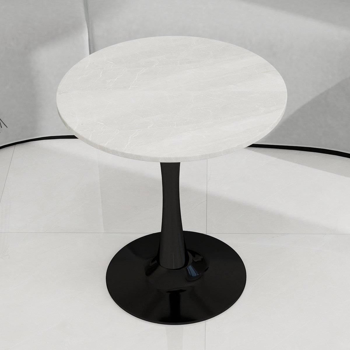 KOMHTOM - Ronde Salontafel en Eettafel - Mid-Century Modern Stijl - 27,6 Inch - Rond Marmeren Tafelblad met Witte Aders - Zwart - Geschikt voor 2-4 Personen