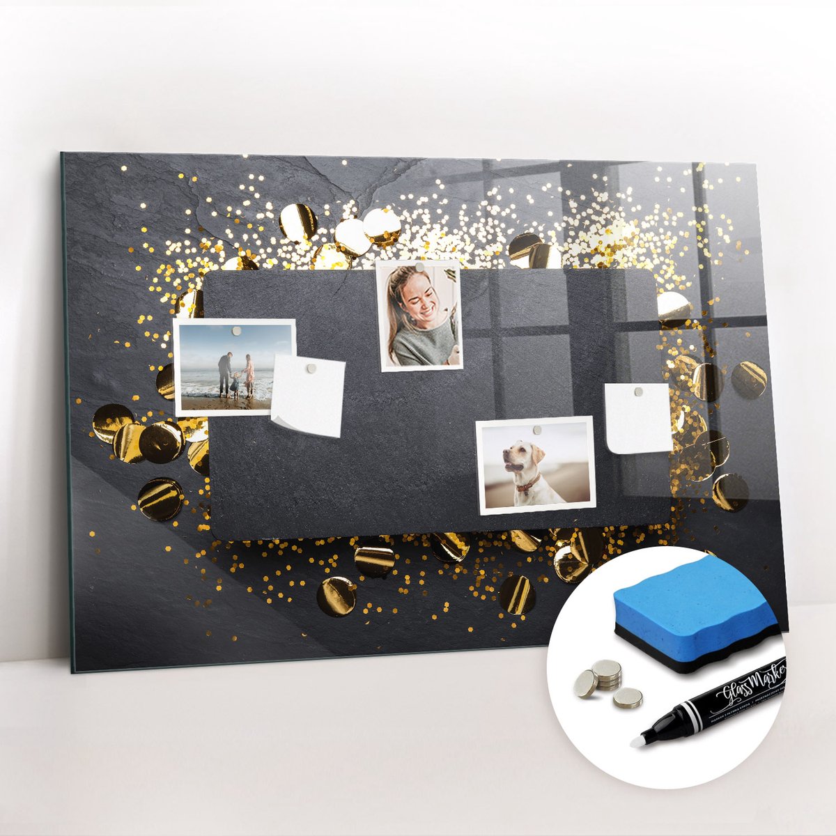 Tulup Whitebord - Gouden confetti - 90 x 60 cm - Veelkleurig Memobord Glas - Gratis 5 Sterke Magneten + Whiteboard Marker & Wisser - Scandinavisch Design Bord - Memobord Glas - Notitiebord Werkplek