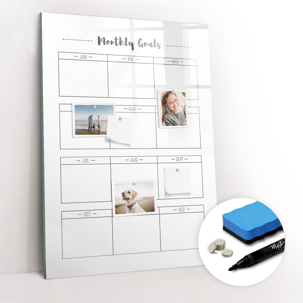 Tulup Whitebord - Maandelijkse hoofddoelen - 70 x 100 cm - Grijs Memobord Keuken - Gratis 5 Sterke Magneten + Whiteboard Marker & Wisser - Moderne Wanddecoratie - Foto Magneetbord - Planning Muur