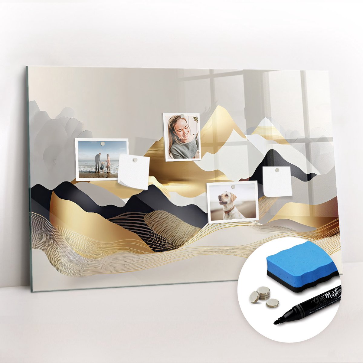 Tulup Whitebord - Abstracte bergen - 90 x 60 cm - Veelkleurig Decoratieve magneetborden met print - Gratis 5 Sterke Magneten + Whiteboard Marker & Wisser - Wanddecoratie Kantoor - Memobord Glas - Inspiratiebord Kantoor