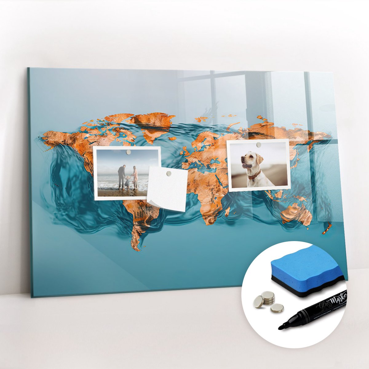 Tulup Whitebord - Abstracte wereldkaart - 60 x 40 cm - Turkoois Magnet Board - Gratis 5 Sterke Magneten + Whiteboard Marker & Wisser - Minimalistisch Prikbord - Memobord Magnetisch - Planning Muur