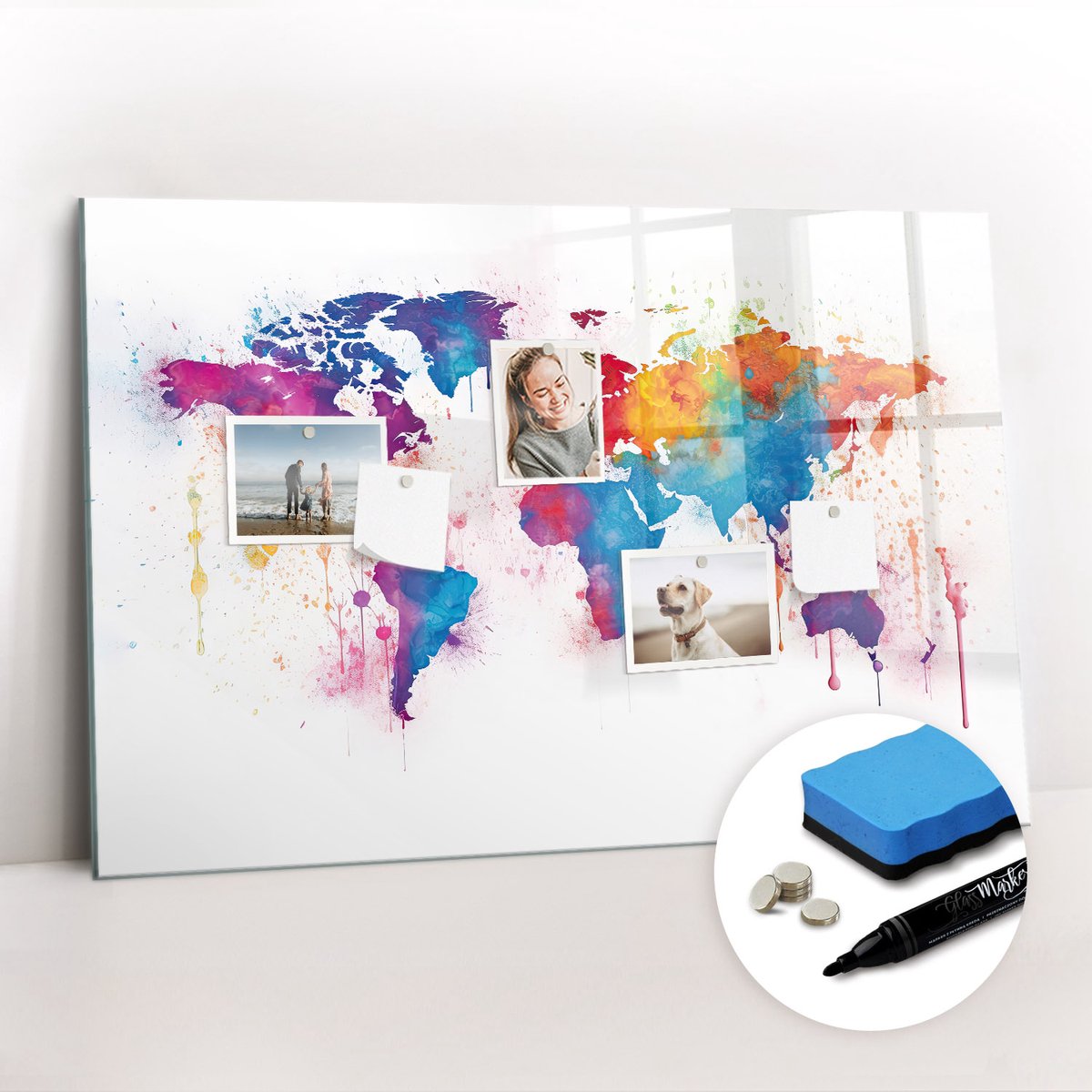 Tulup Whitebord - Wandatlas wereldkaart - 90 x 60 cm - Veelkleurig Memo Bord - Gratis 5 Sterke Magneten + Whiteboard Marker & Wisser - Organizer Muur - Magneetbord Muur - Notitiebord Werkplek
