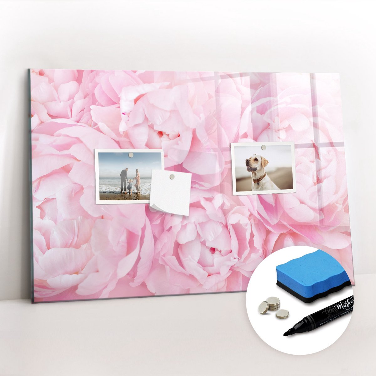 Tulup Whitebord - Bloeiende pioenrozen - 60 x 40 cm - Roze Magnetisch Bord Kind - Gratis 5 Sterke Magneten + Whiteboard Marker & Wisser - Design Memobord - Memo Bord - Ideeënbord Thuiswerkplek