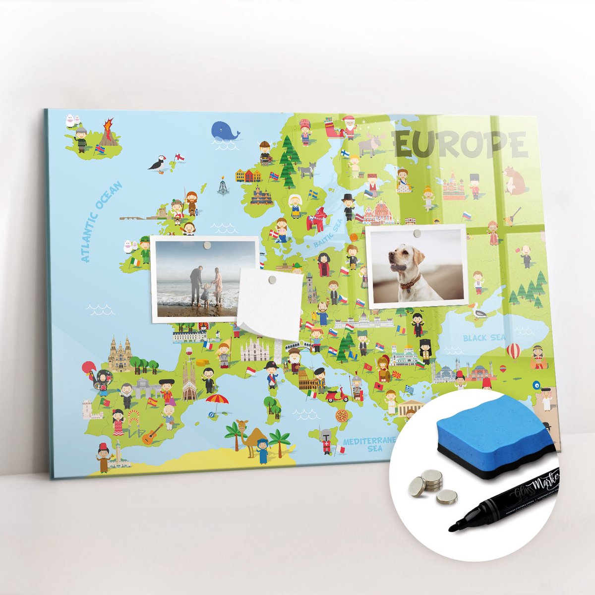 Tulup Whitebord - Wereldkaart met vlaggen - 60 x 40 cm - Veelkleurig Magnetisch Bord Kind - Gratis 5 Sterke Magneten + Whiteboard Marker & Wisser - Scandinavisch Design Bord - Memo Bord - Planning Muur